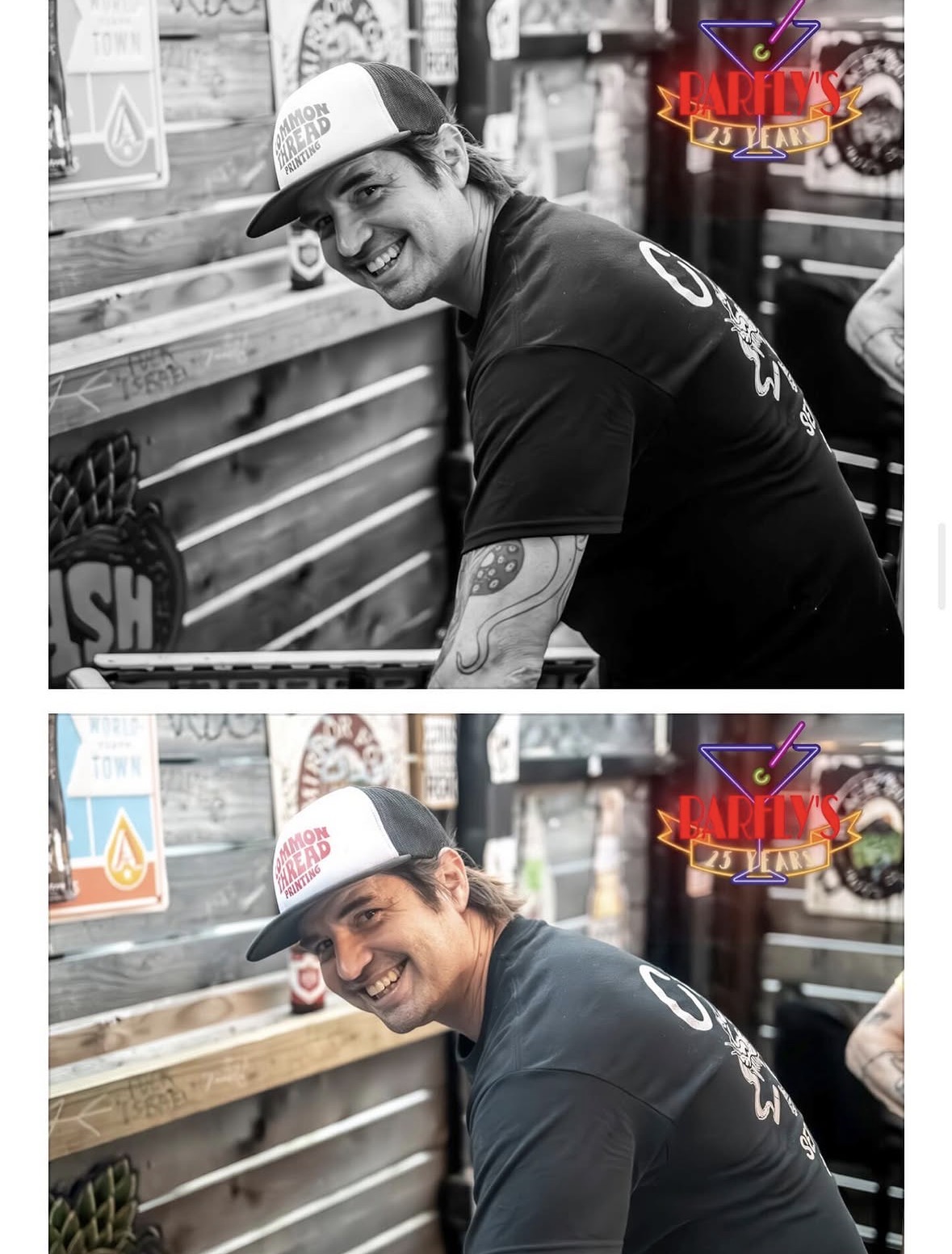 Smiling person wearing a cap and dark shirt, leaning on a wooden counter in a store, in black and white, with a logo in the top right corner.