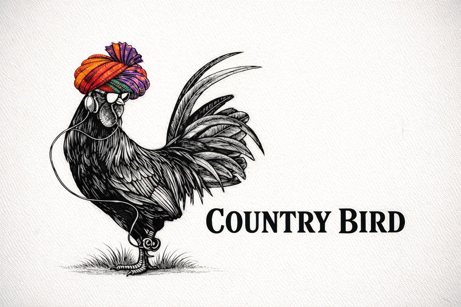 A detailed black and white illustration of a country bird with a colorful headscarf, next to the text 'COUNTRY BIRD'.