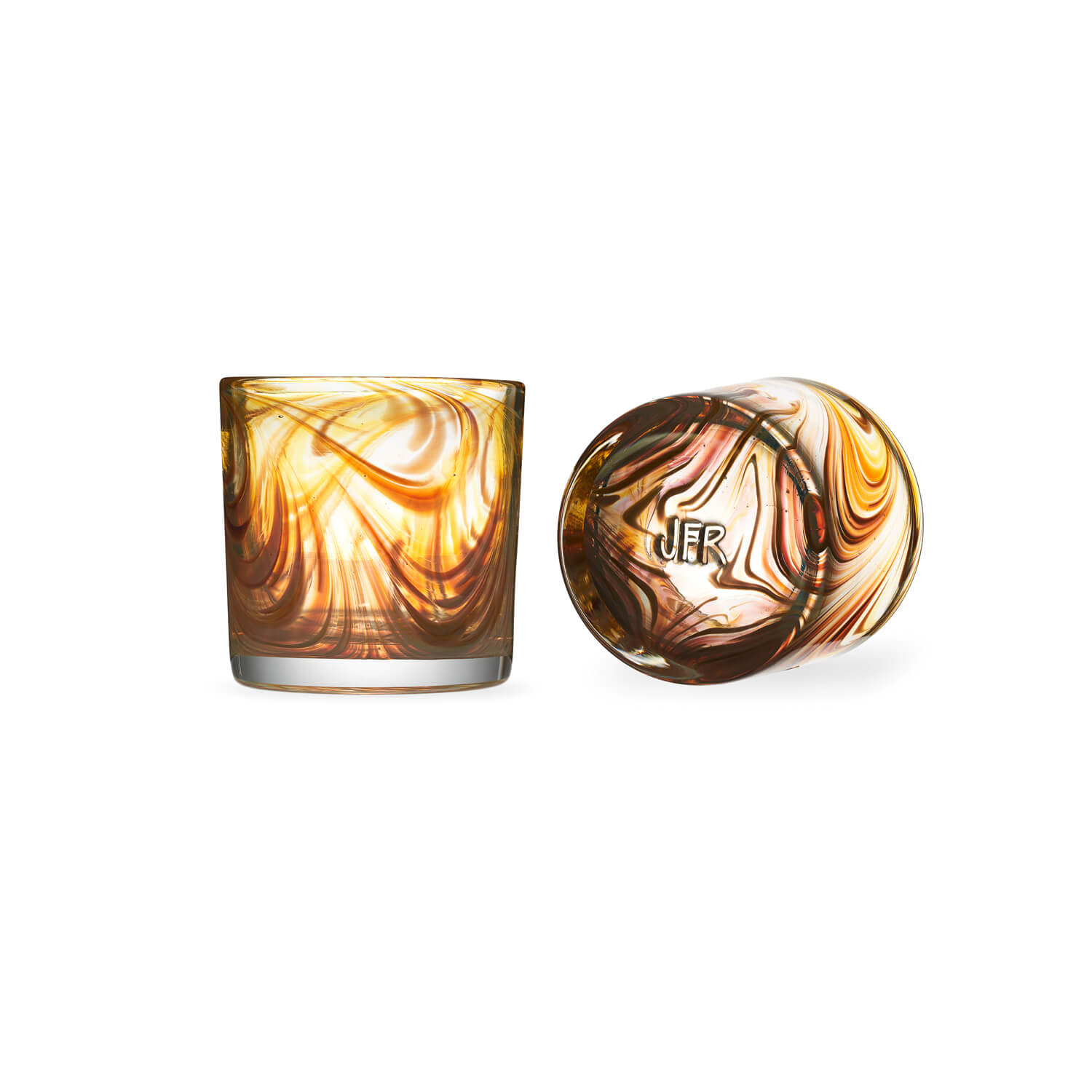 Two marbled glass objects, one cylindrical and one spherical, with swirling brown, black, and cream patterns, on a white background.