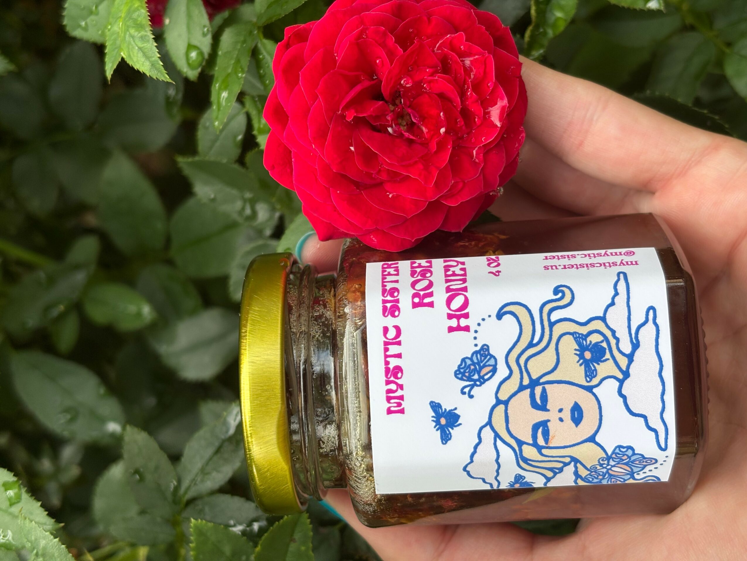 Hand holding a jar of honey with a red flower and green leaves in the background.