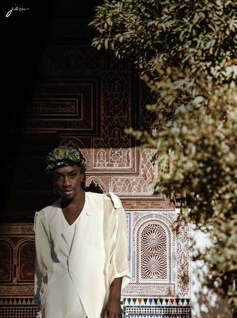 Person wearing a white outfit and headband standing in front of ornate patterned wall, partially obscured by a tree branch.