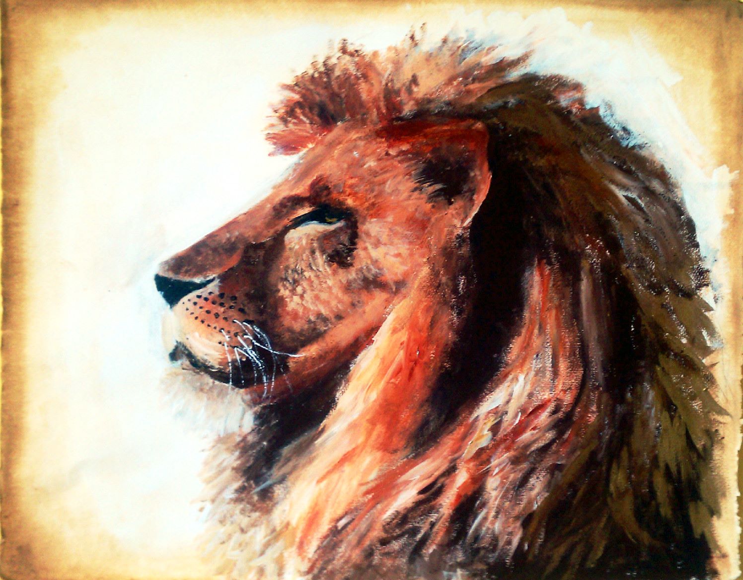 A painted portrait of a lion with a mane, facing left, with a light background.