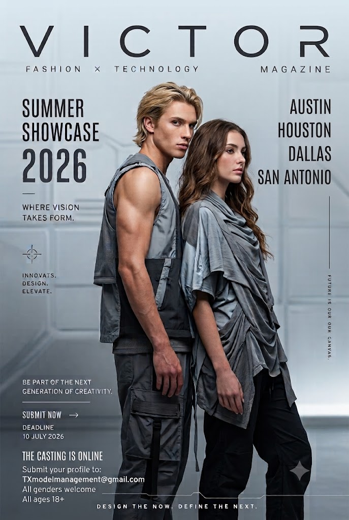 Two young models, a male and a female, stand side by side on a magazine cover with text about fashion and cities.