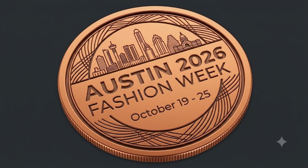 Copper coin with city skyline and text about Austin 2026 Fashion Week, October 19-25.