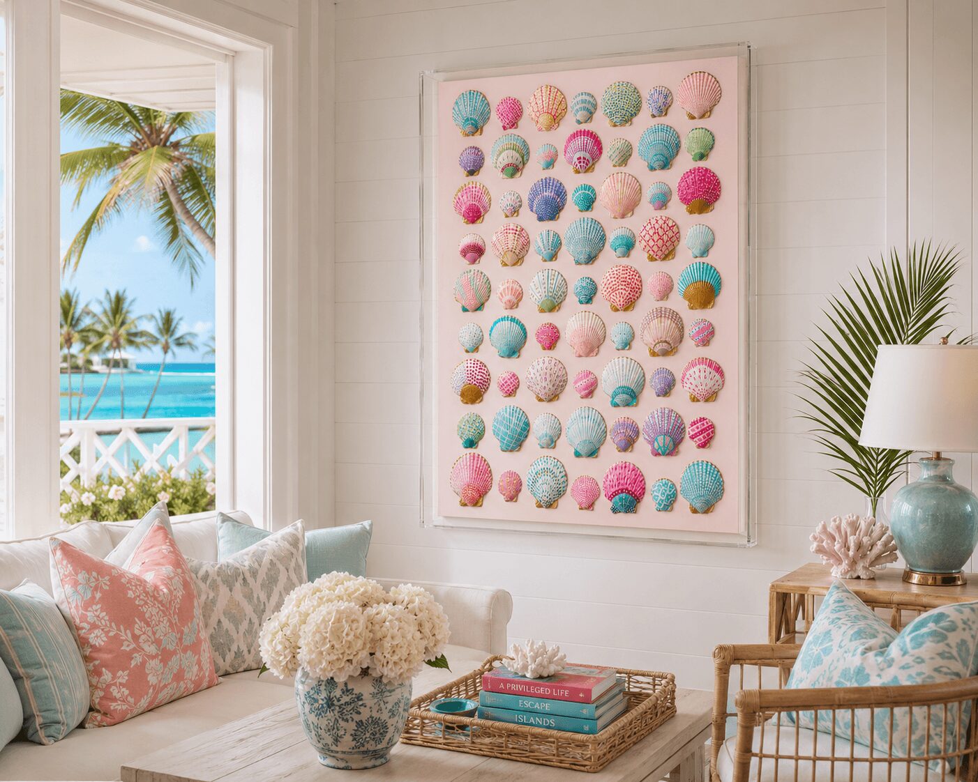 Living room with a large window showing palm trees and ocean, decorated with pastel-colored cushions, flowers, and artwork.
