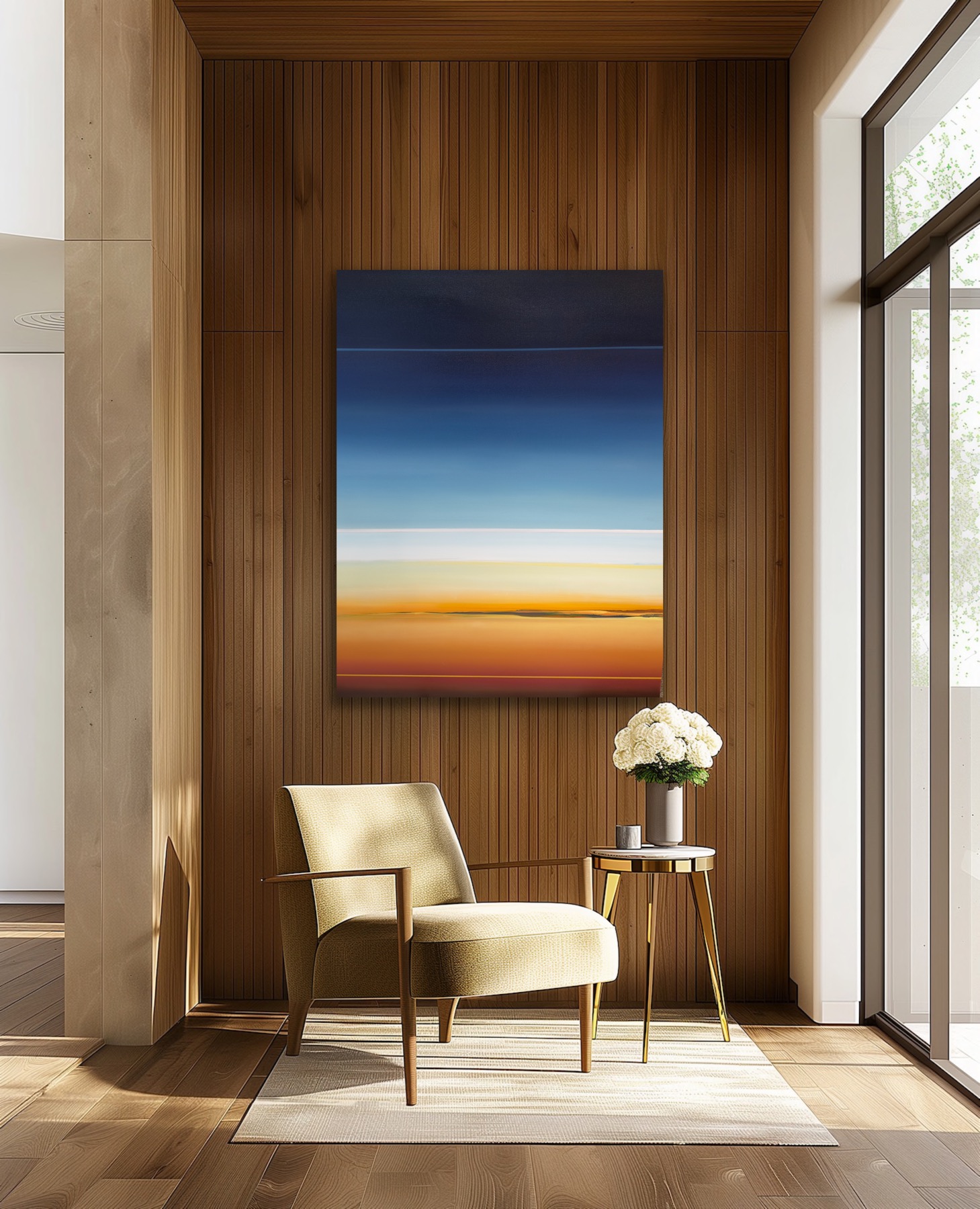 Interior corner with a beige armchair, small side table with flowers, wooden wall, and colorful abstract painting, sunlight streaming in.