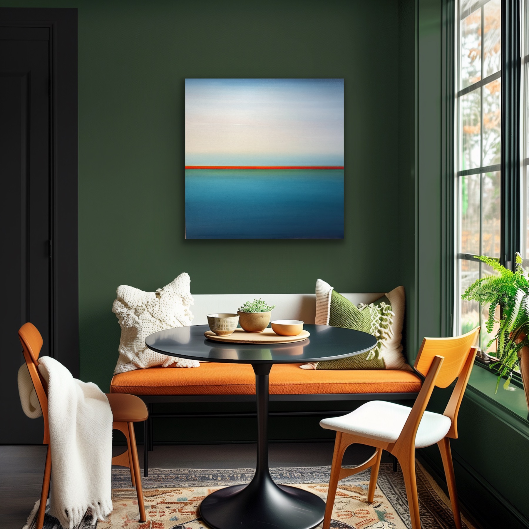 Corner of a room with a black table, two chairs, a bench with pillows, a painting, and a window with plants.