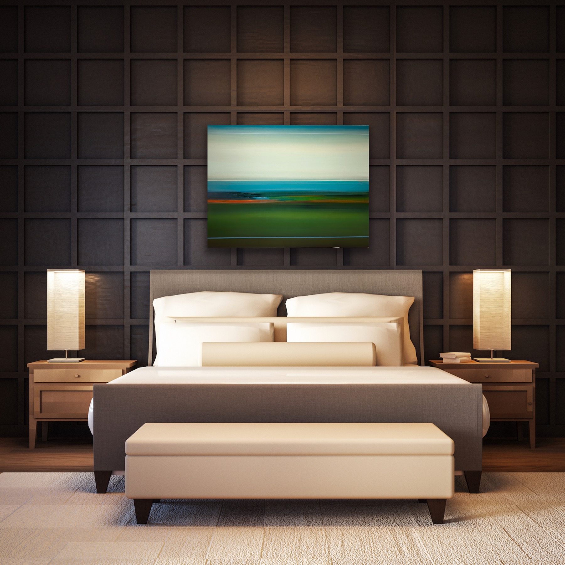 Bedroom with a bed, two nightstands with lamps, a painting above the headboard, and a bench at the foot of the bed.