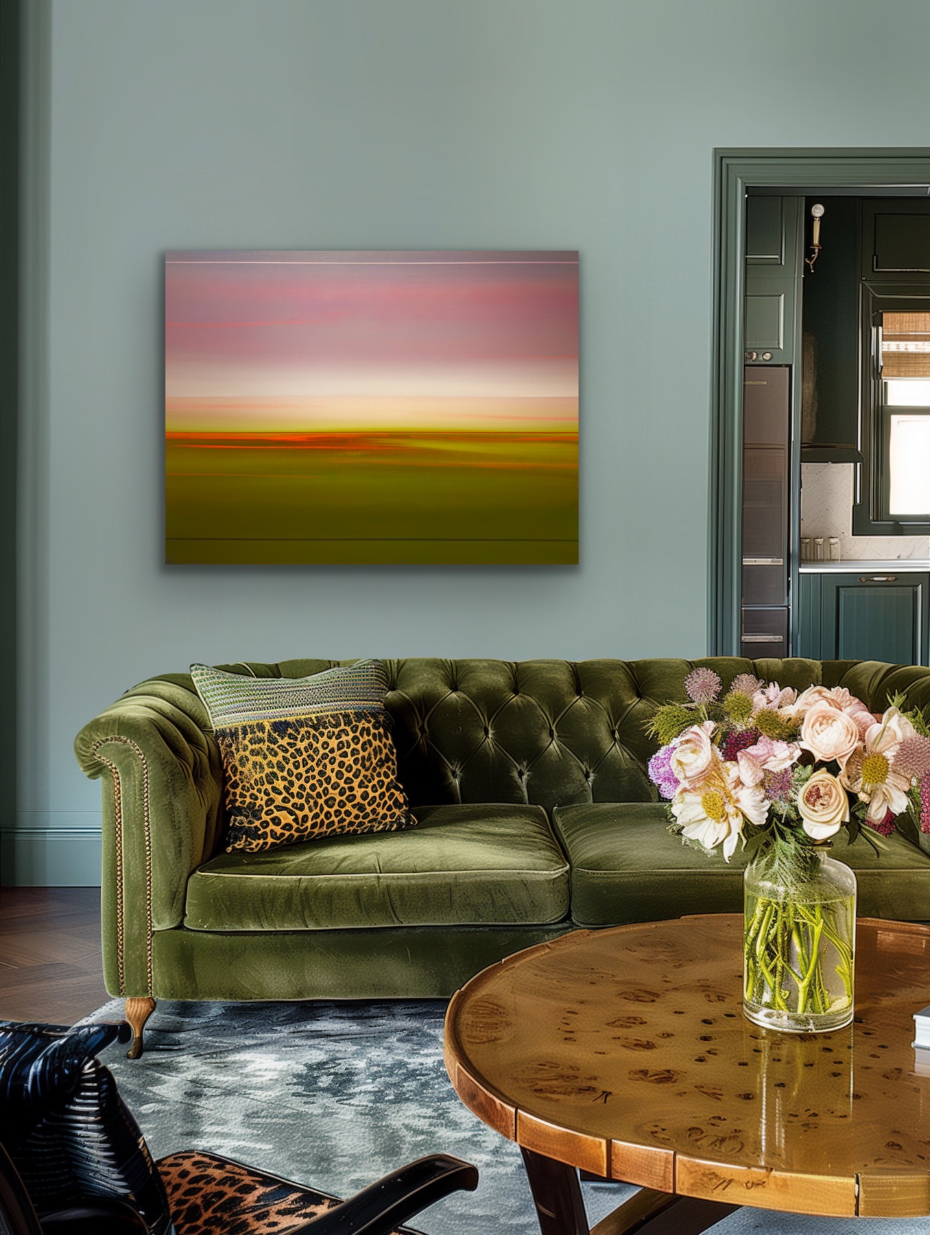 Living room with green velvet sofa, floral arrangement on round wooden table, abstract landscape painting on wall, doorway to another room.