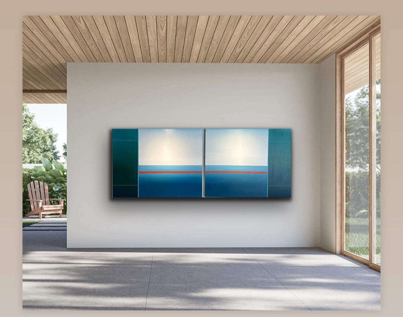 Modern art piece with blue and white colors on a white wall in a room with wooden ceiling and large windows.