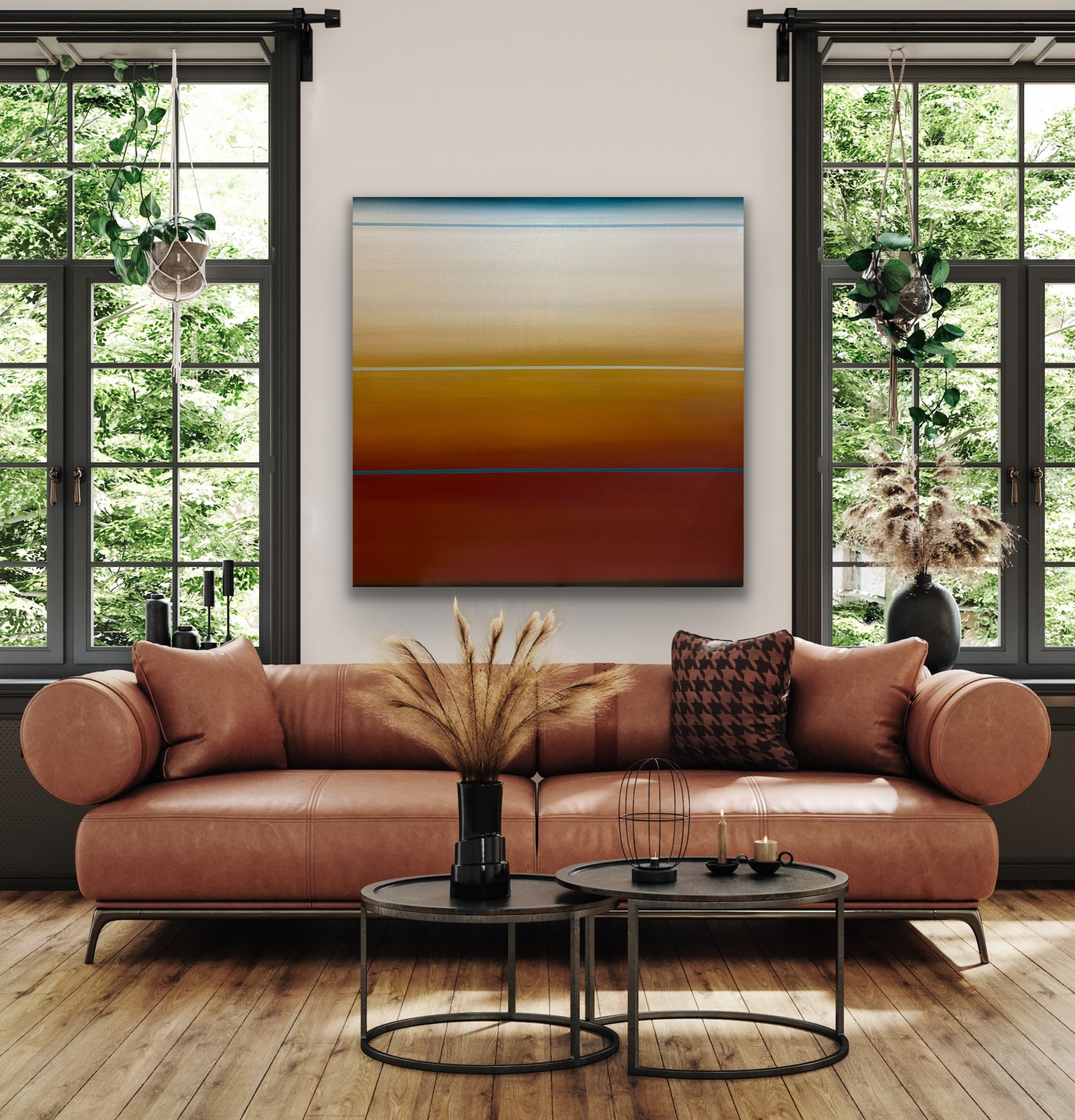Living room with a brown sofa, abstract painting, two windows with plants, and a wooden floor.