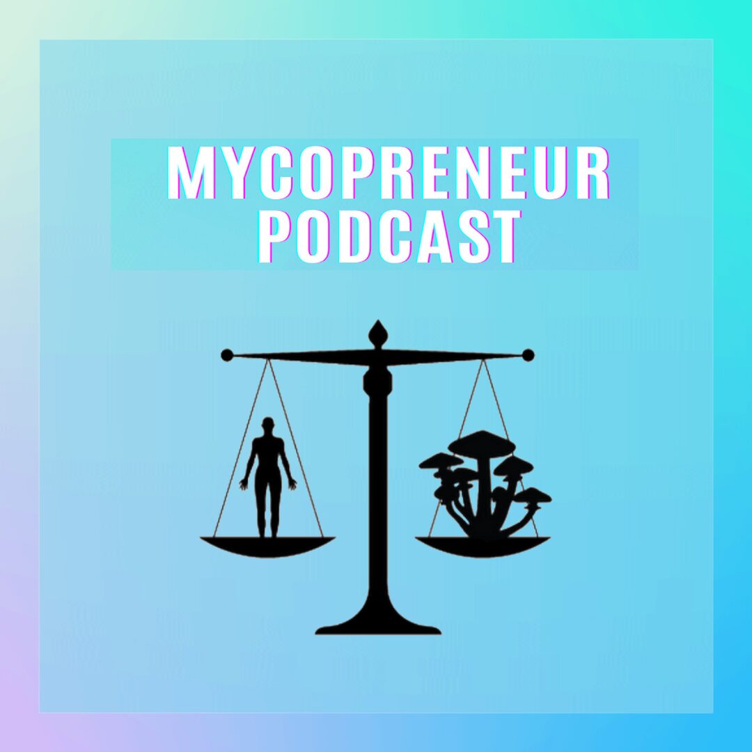 Podcast cover with a scale balancing a person and a tree with umbrellas, titled 'My Copreneur Podcast'.
