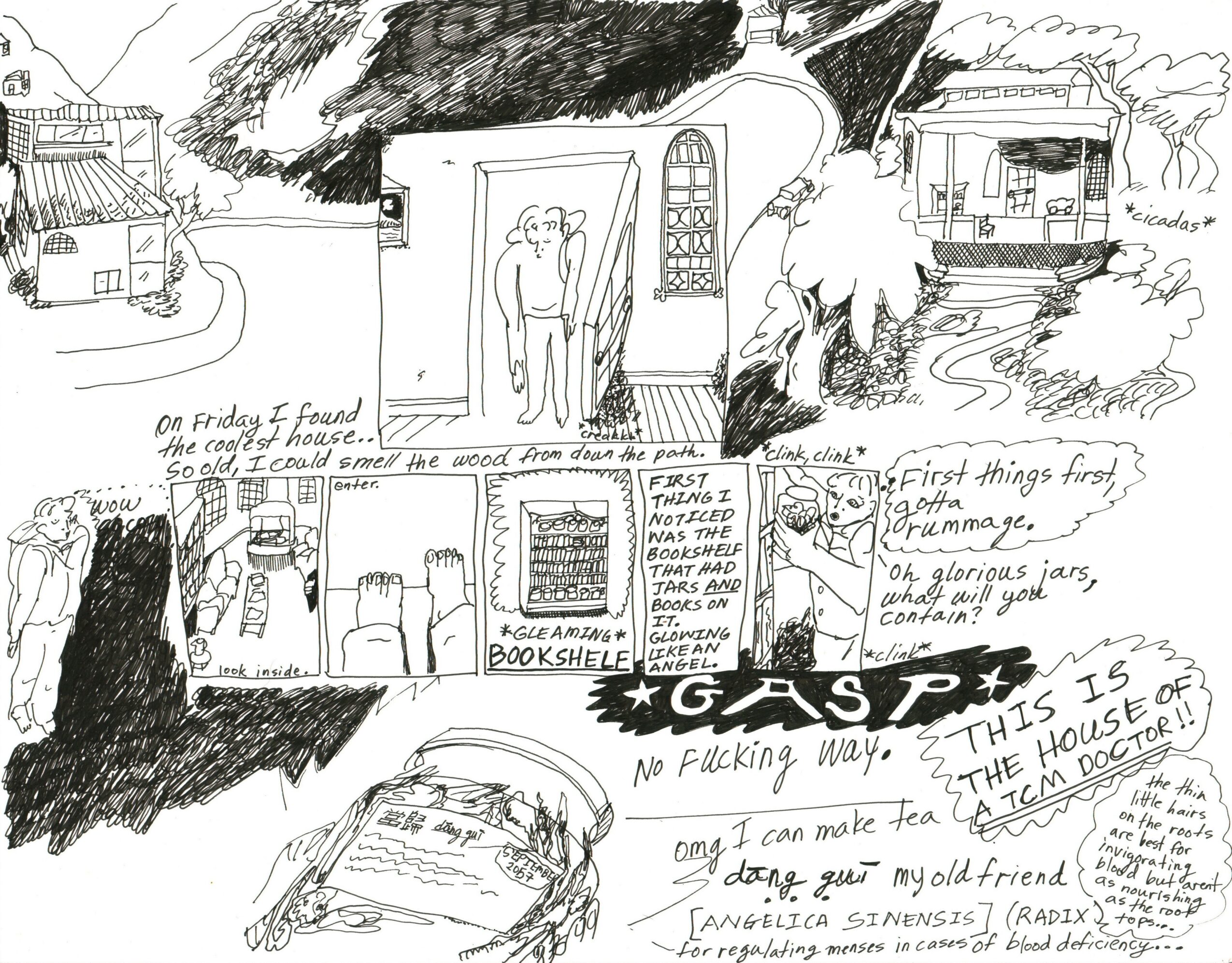 Black and white comic strip with buildings, a tram, a car, and handwritten dialogue, including a bookshop sign and a person with a dog.
