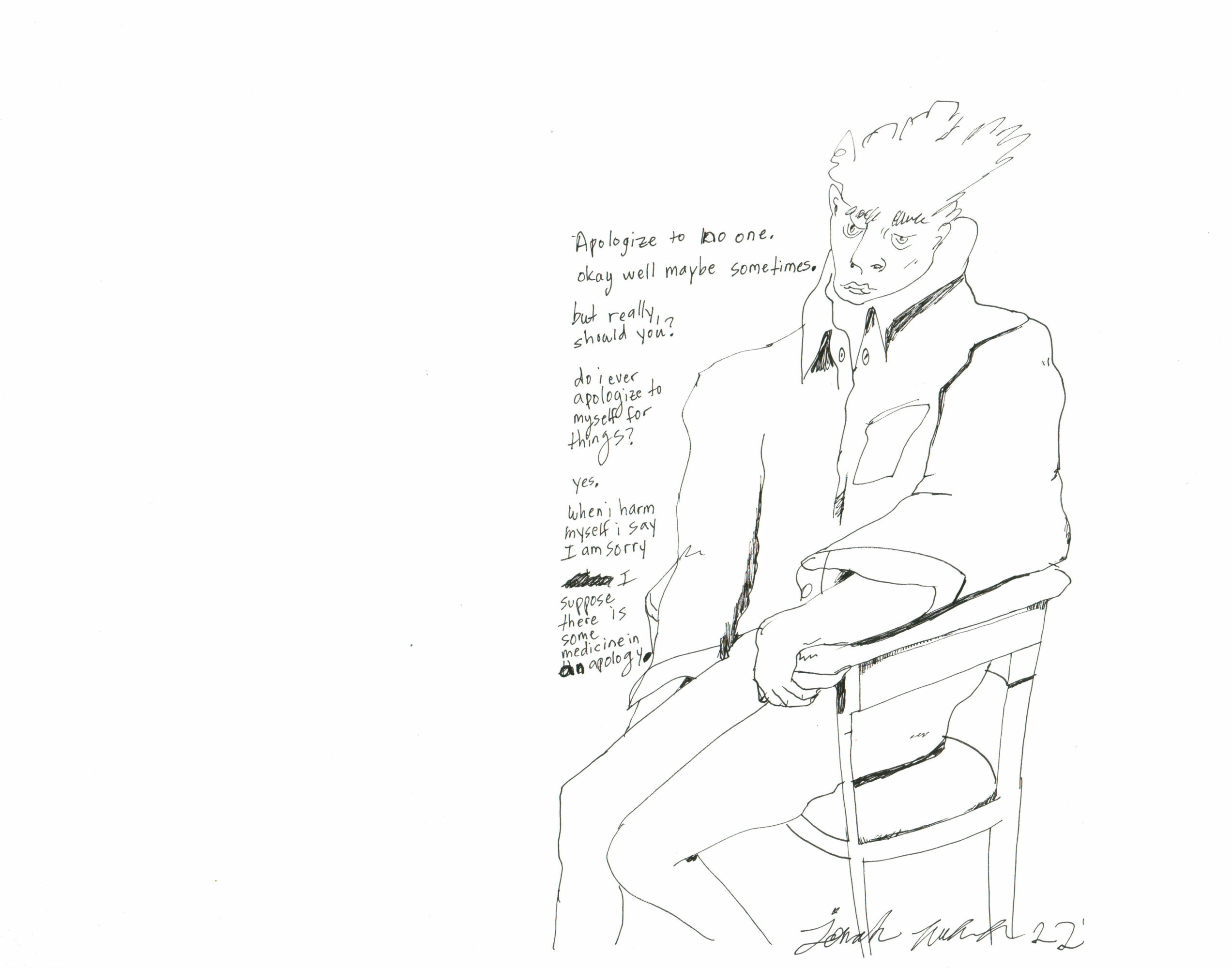 Sketch of a person sitting on a chair with hair blowing, wearing a jacket and holding a book, with handwritten notes nearby.