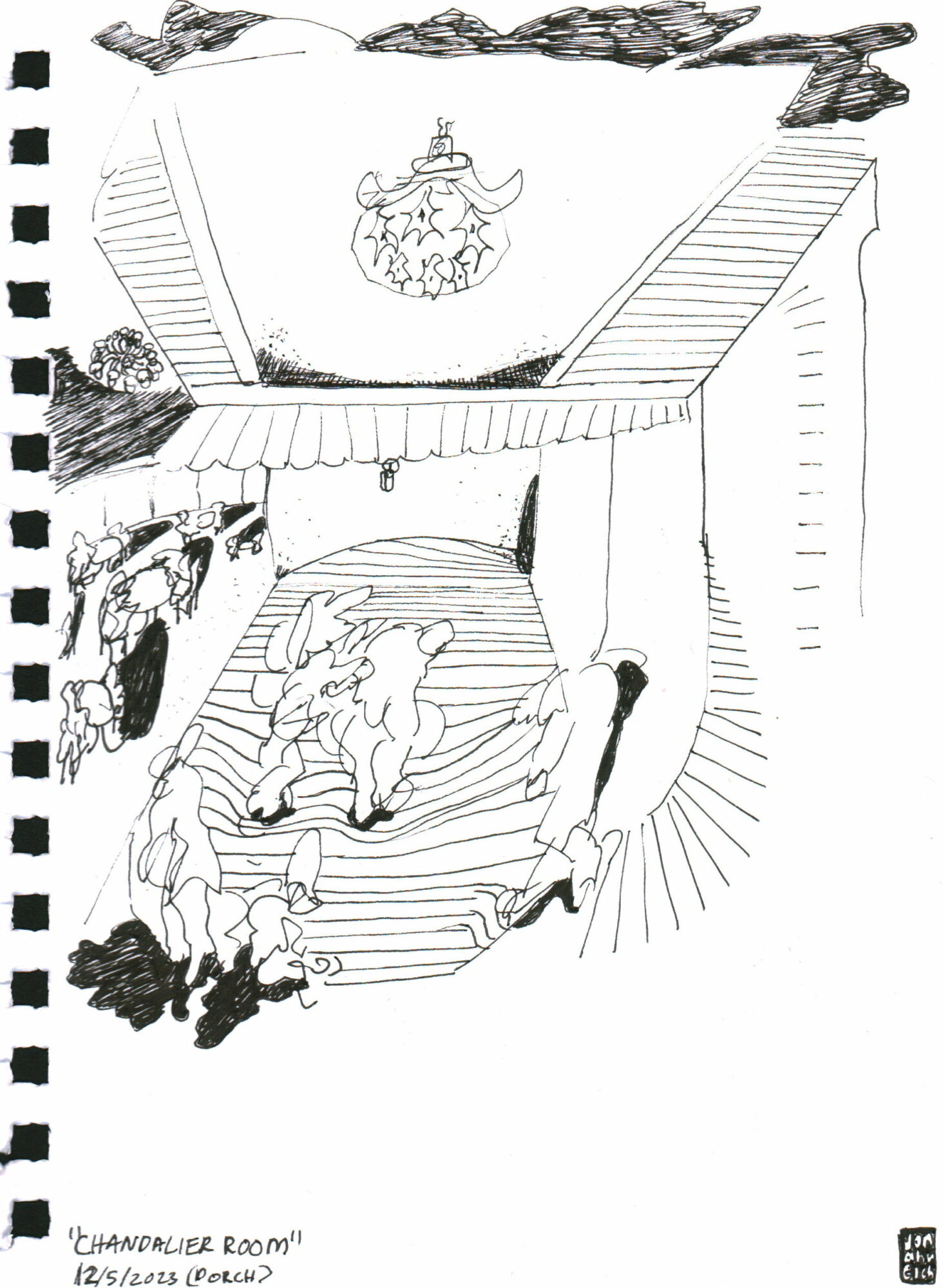Drawing of a room with a stage, a person lying on the floor, and a chandelier hanging from the ceiling.