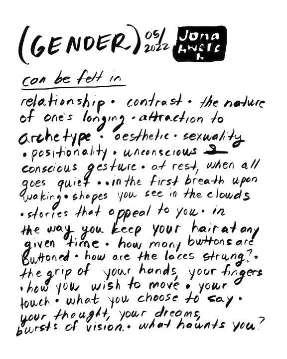 Handwritten note discussing gender, attraction, sexuality, and self-awareness, with some words underlined and a black square with white text.
