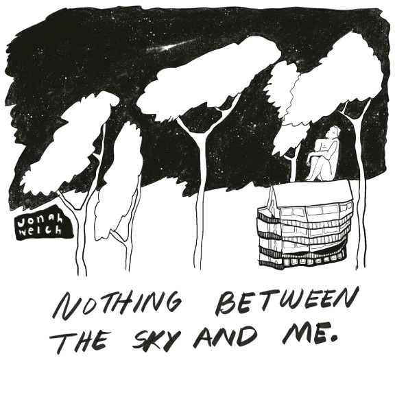 Black and white drawing of trees and a person on a balcony, with the text 