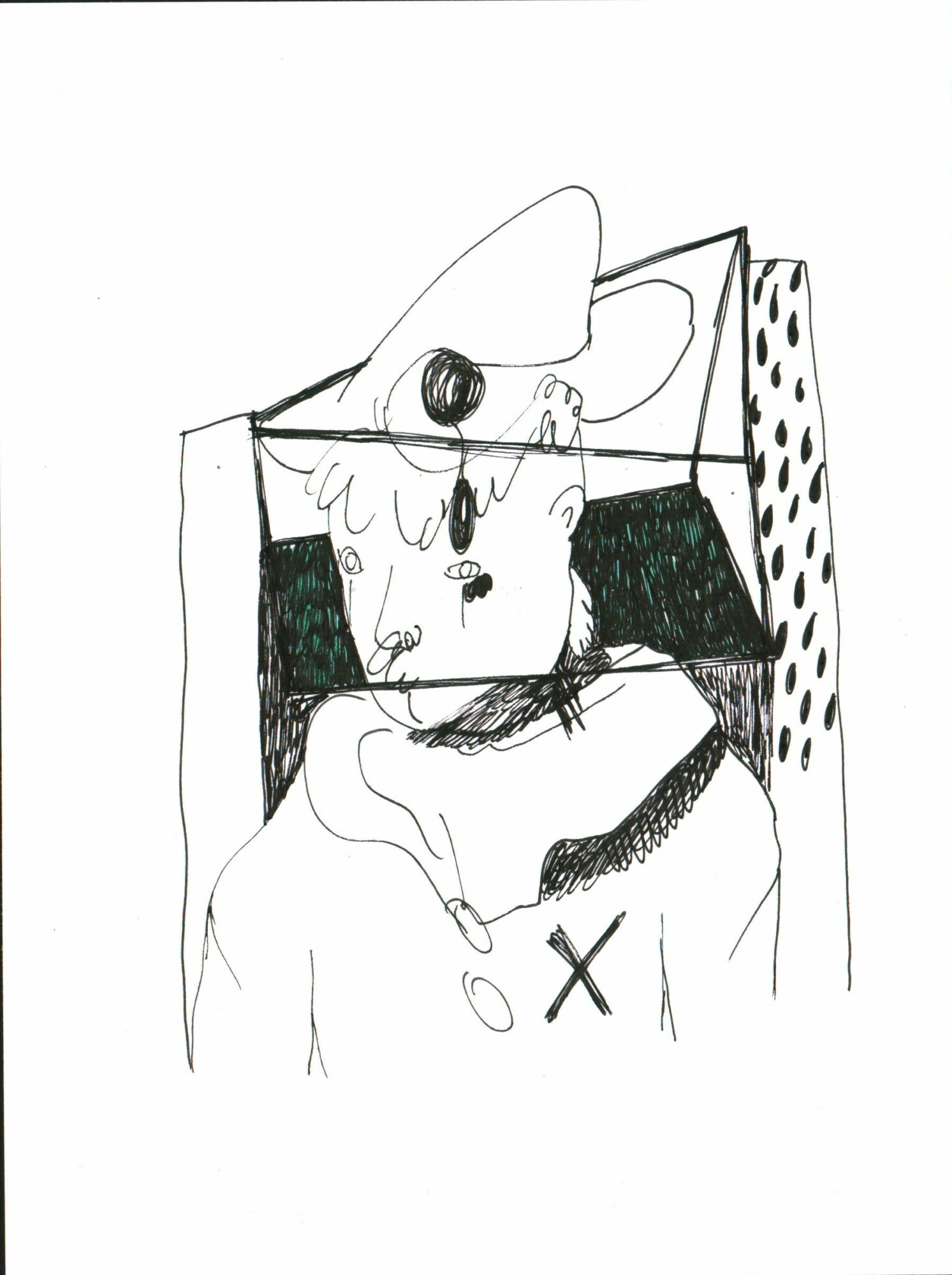 A line drawing of a person with a hat, sitting with arms crossed, with a dotted background, in black and white.