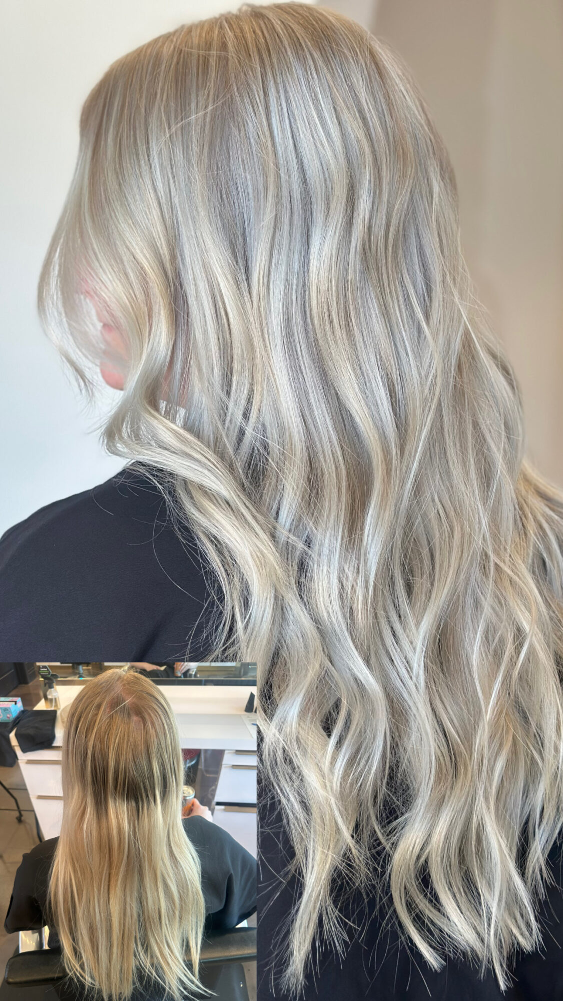 Side view of long, wavy blonde hair with subtle highlights, flowing over a person's shoulder.