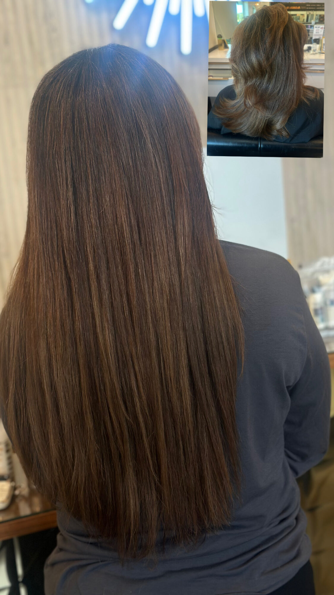 Long, straight brown hair seen from behind, with a smaller inset showing wavy hair from the back.