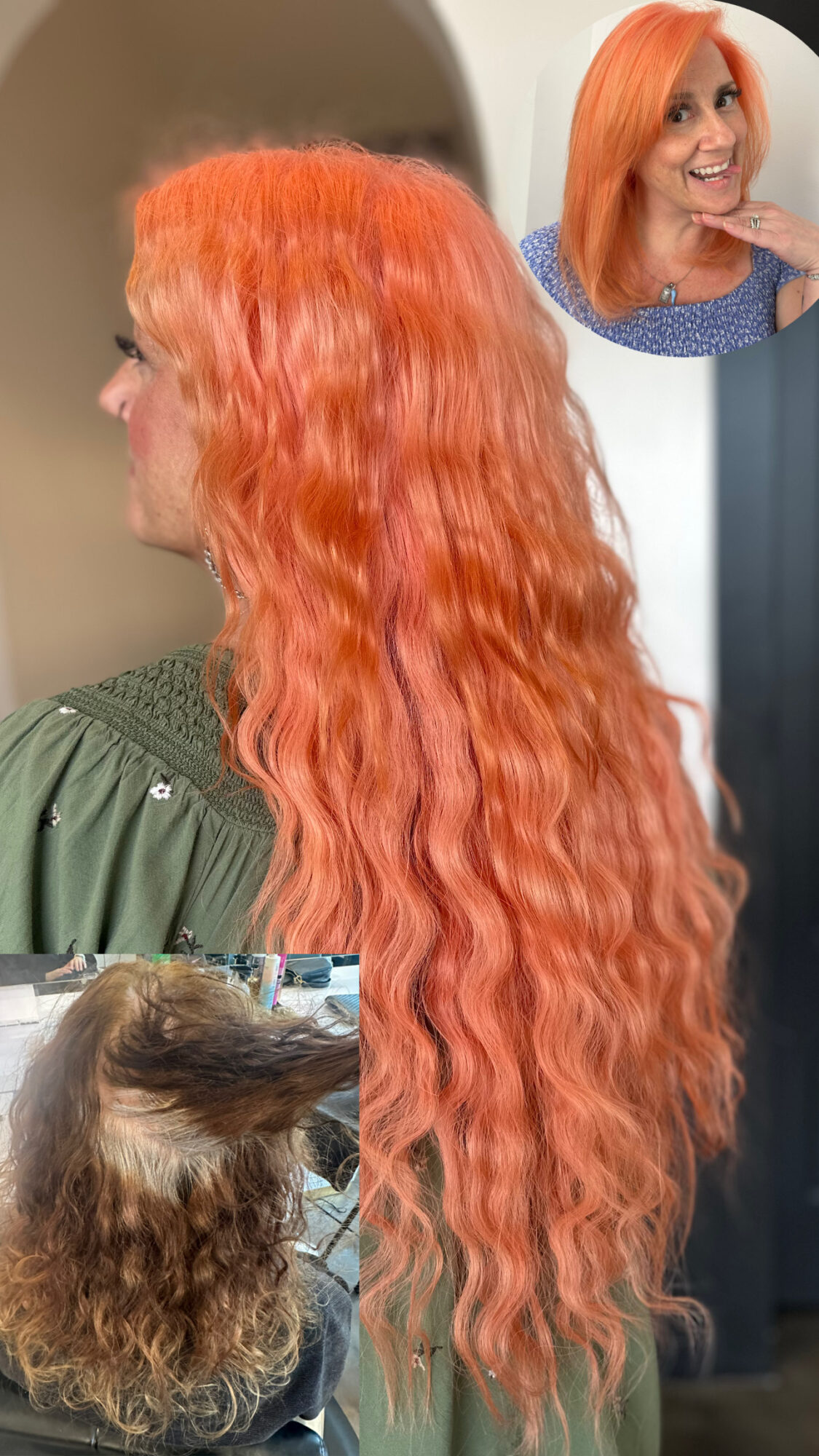 Side view of a woman with long, wavy, orange hair, smiling, with a smaller inset of her face. Word count: 24