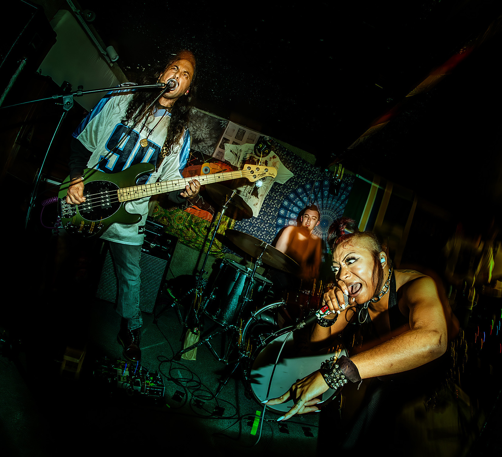 Two women perform on stage with musical instruments, one singing into a microphone and the other playing bass guitar, in a dimly lit venue.