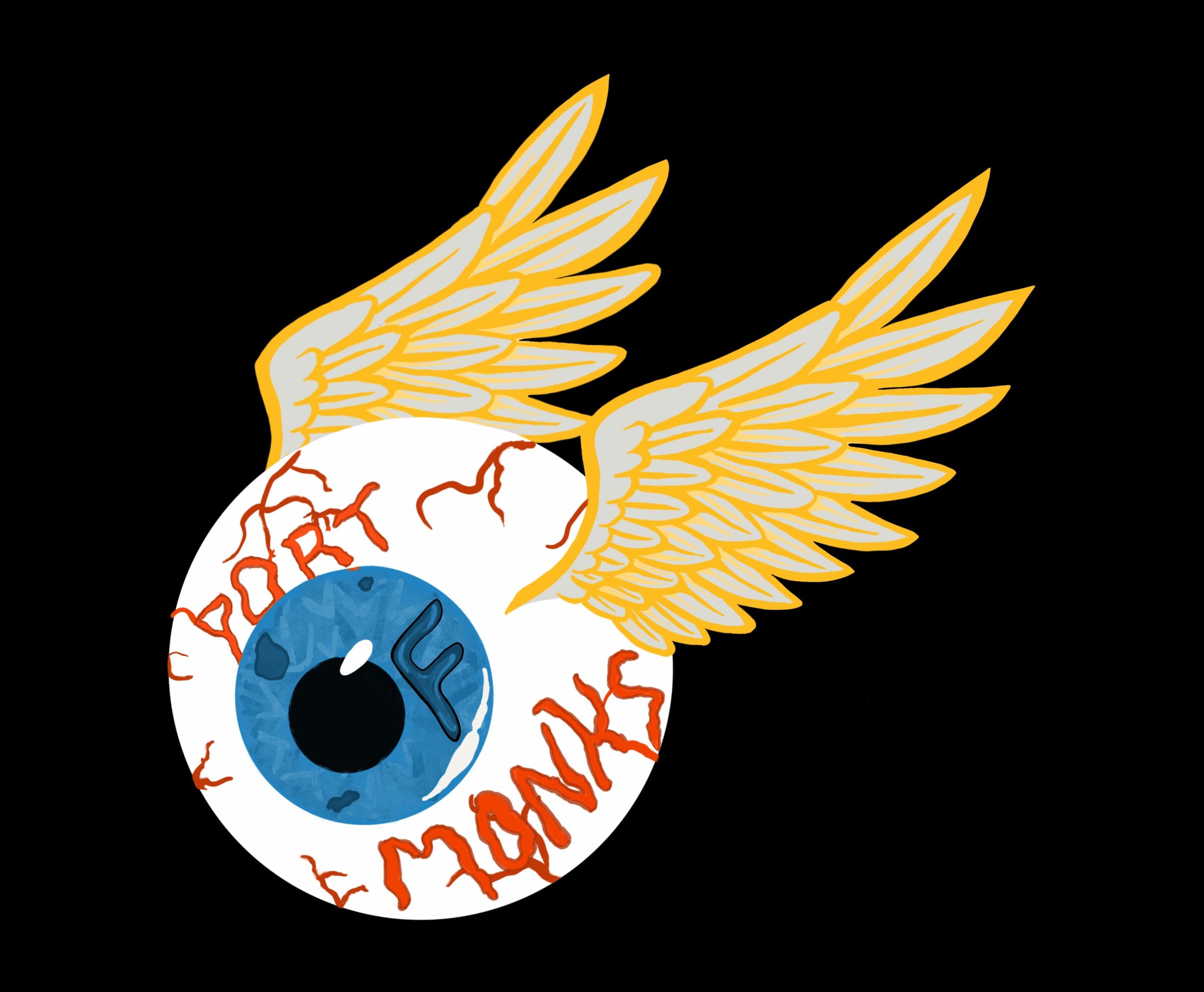 A stylized eye with wings, with red text around the eye, on a black background.