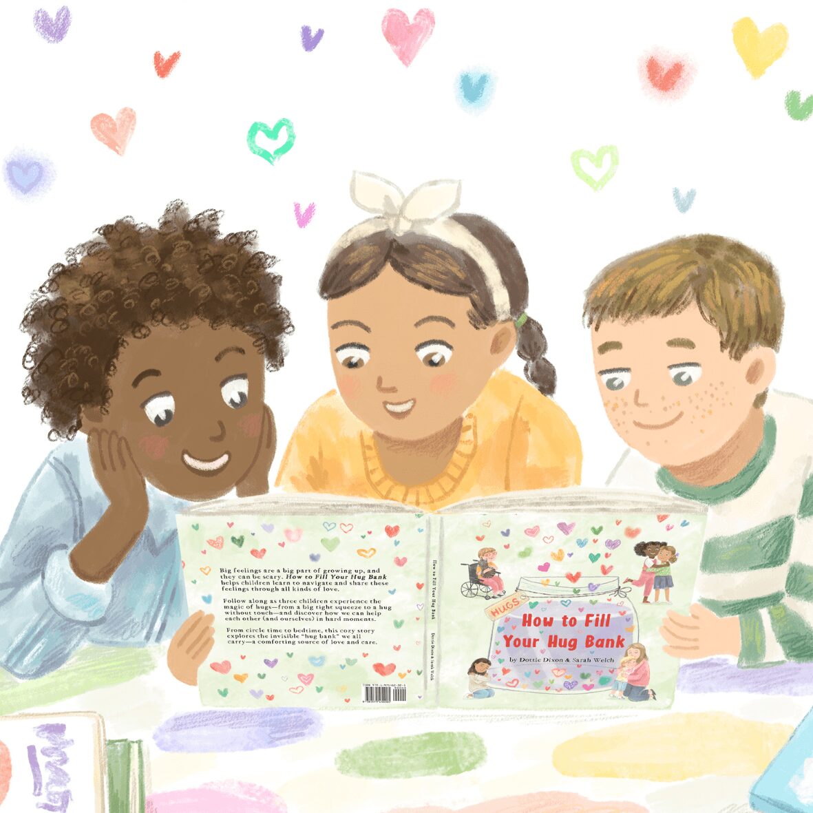 Three children reading a colorful book with hearts and characters, smiling and engaging, with a cheerful background.