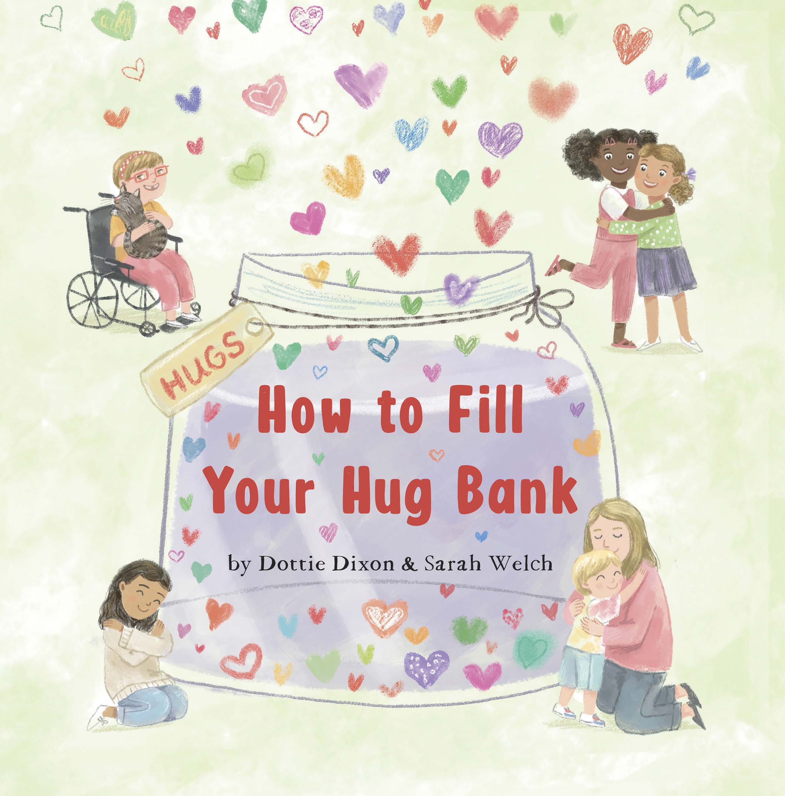 Children hugging and smiling around a jar labeled 'Hugs' filled with colorful hearts, on a light green background.