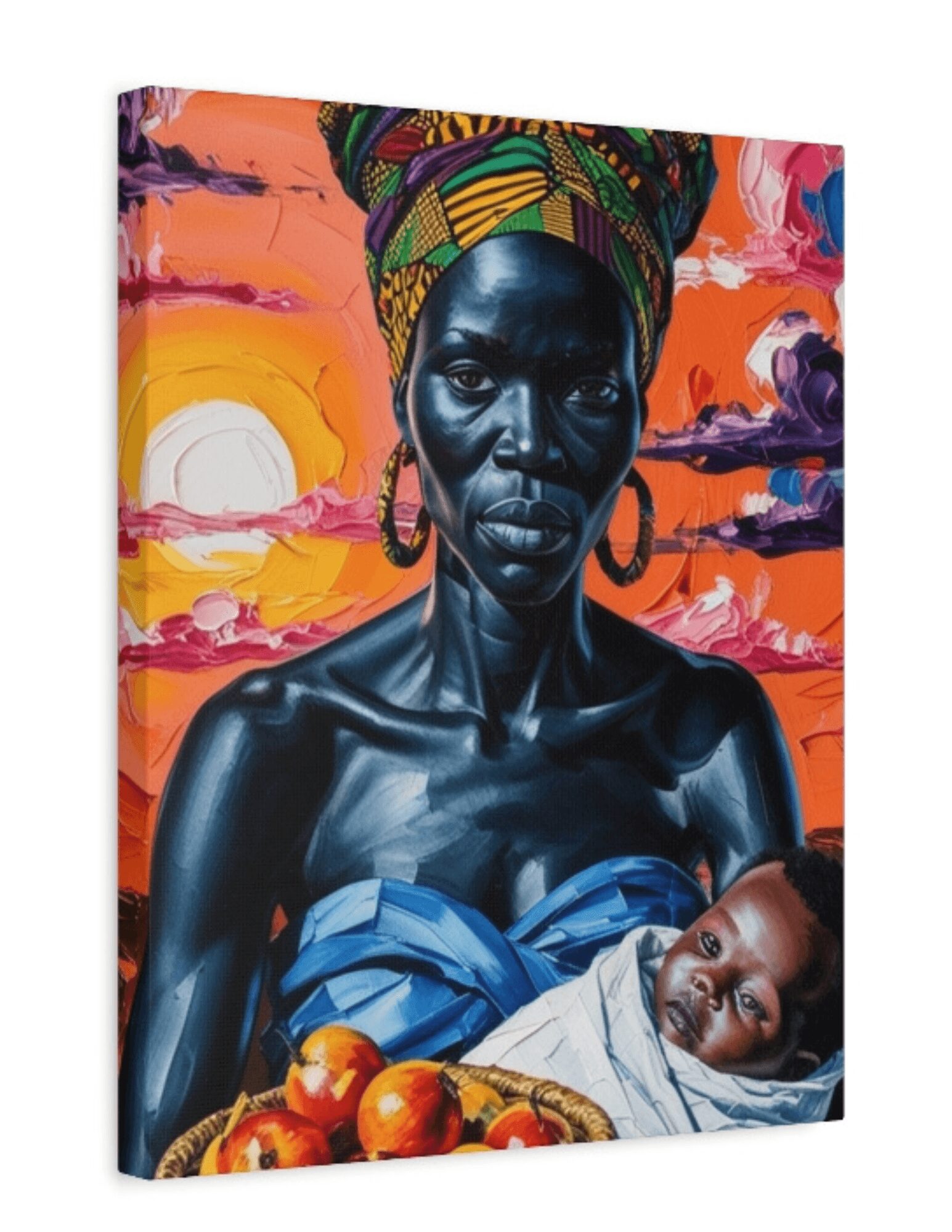 Portrait of a woman with dark skin wearing a colorful headwrap, holding a baby, with a vibrant sunset background.