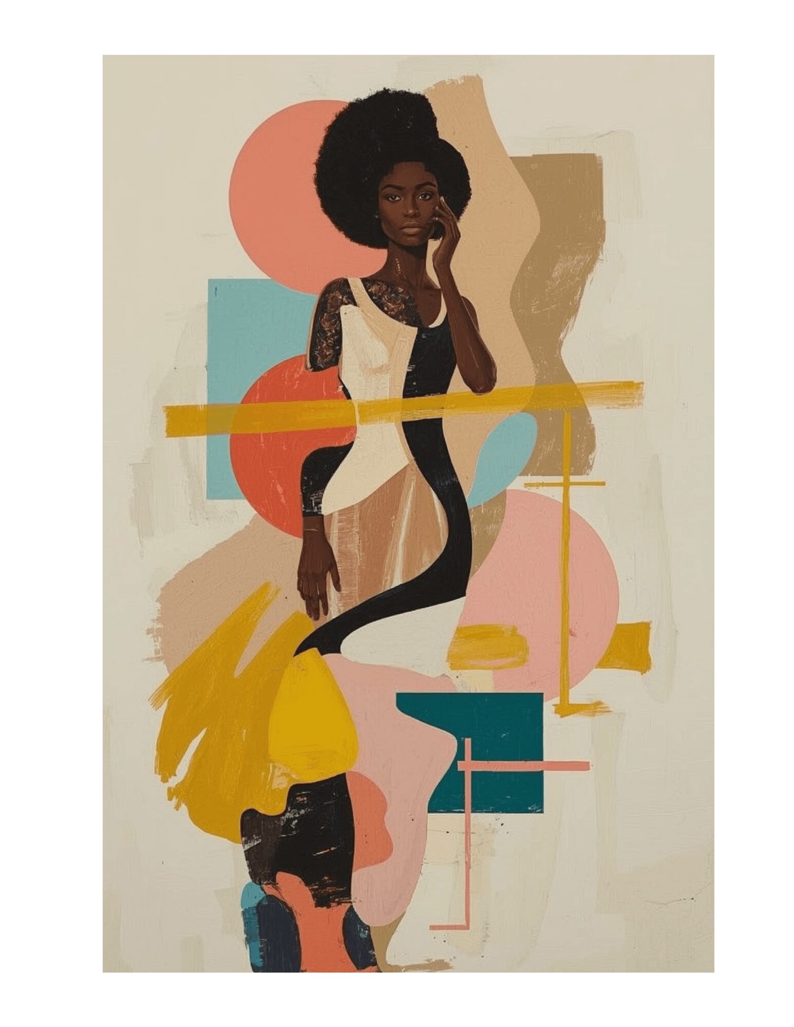 A woman with natural hair and tattoos stands among abstract shapes and colors in a mixed-media artwork.