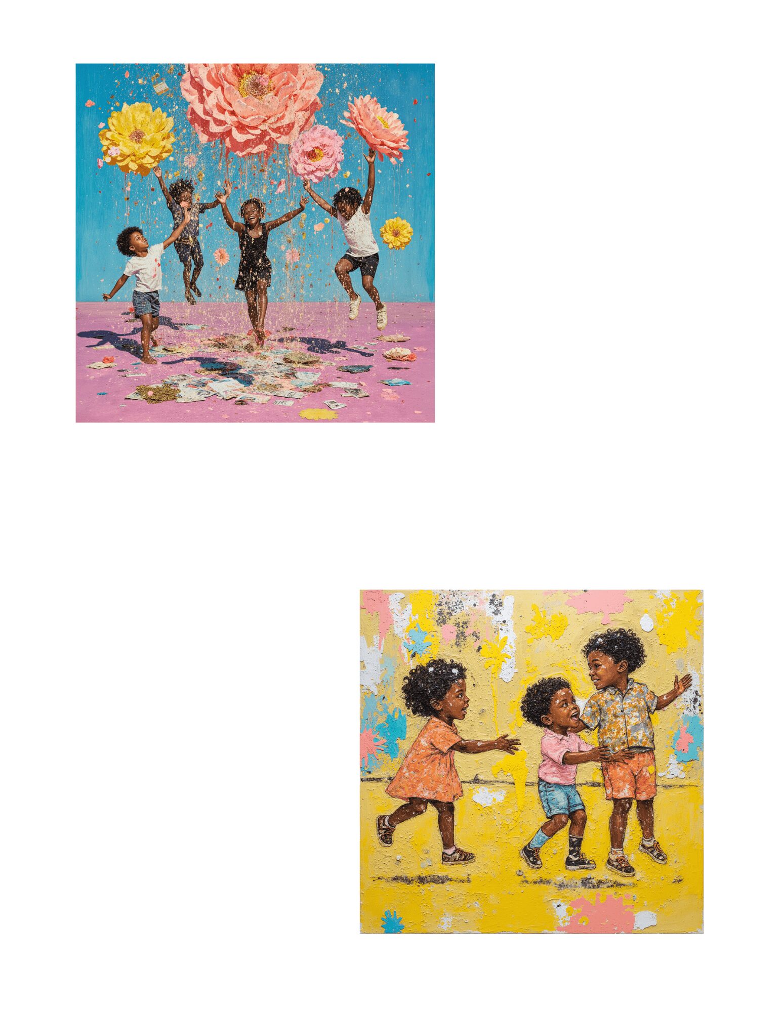 Four children holding hands and dancing under colorful paper flowers against a blue background.