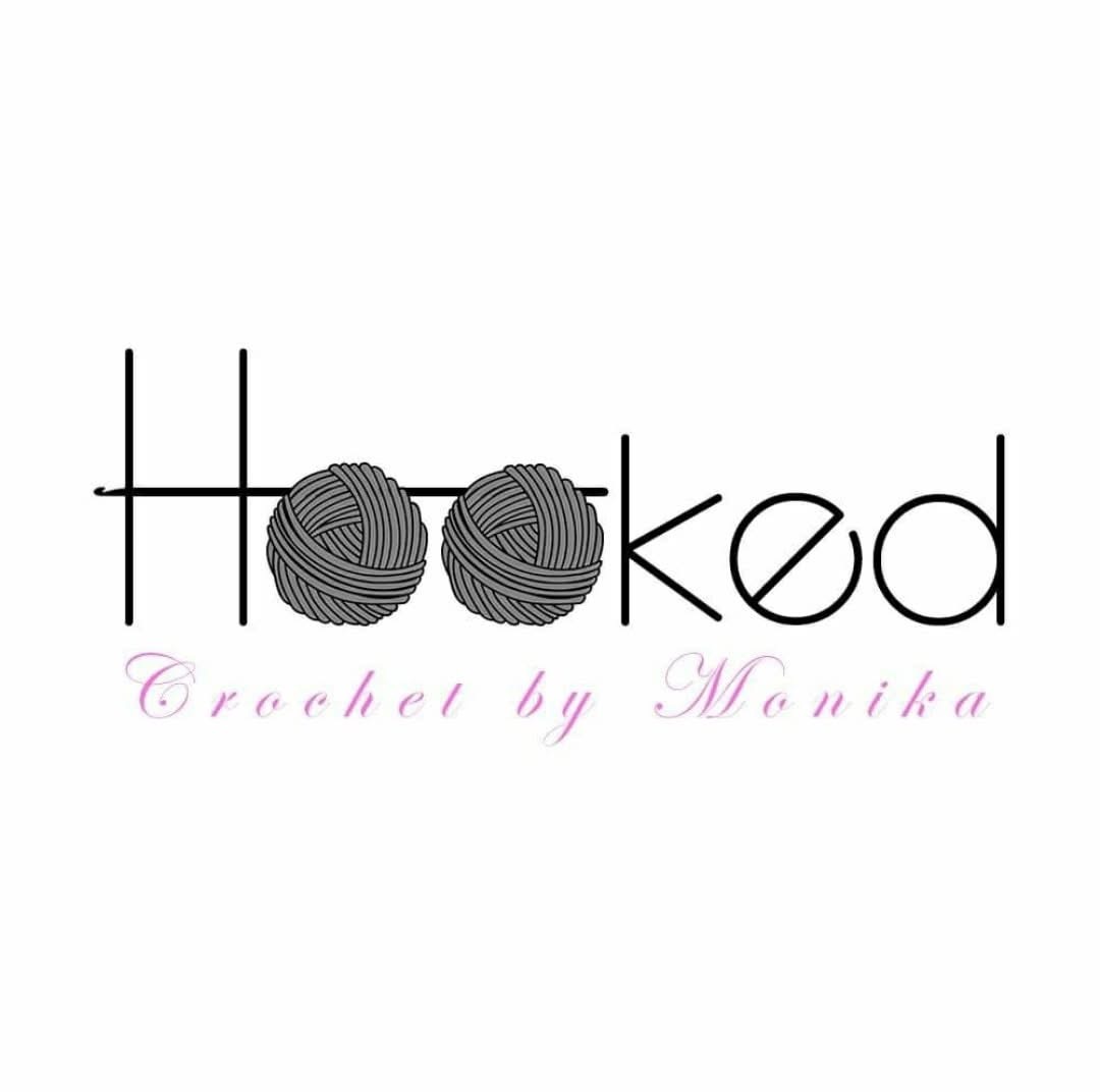 Logo with text 'Hoked' and two yarn balls as the letter 'o', with pink cursive text below, 'Crochet by Monika'.