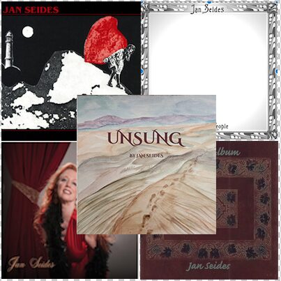 Collage of four images: album covers and a photo, with a desert landscape in the center, featuring sand dunes and sky.