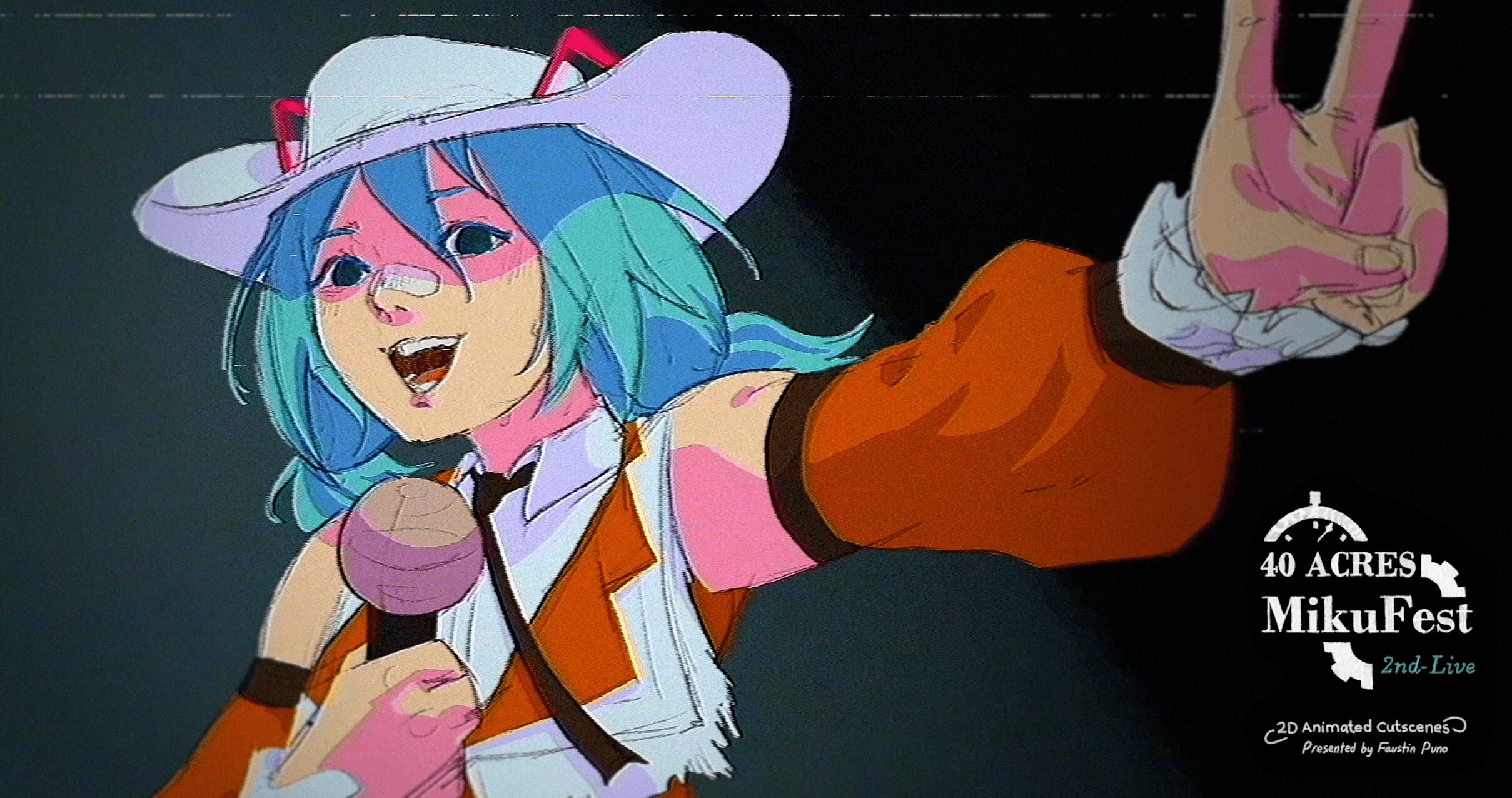 Anime-style character with blue and green hair, wearing a white hat, smiling, and making a peace sign with her hand.