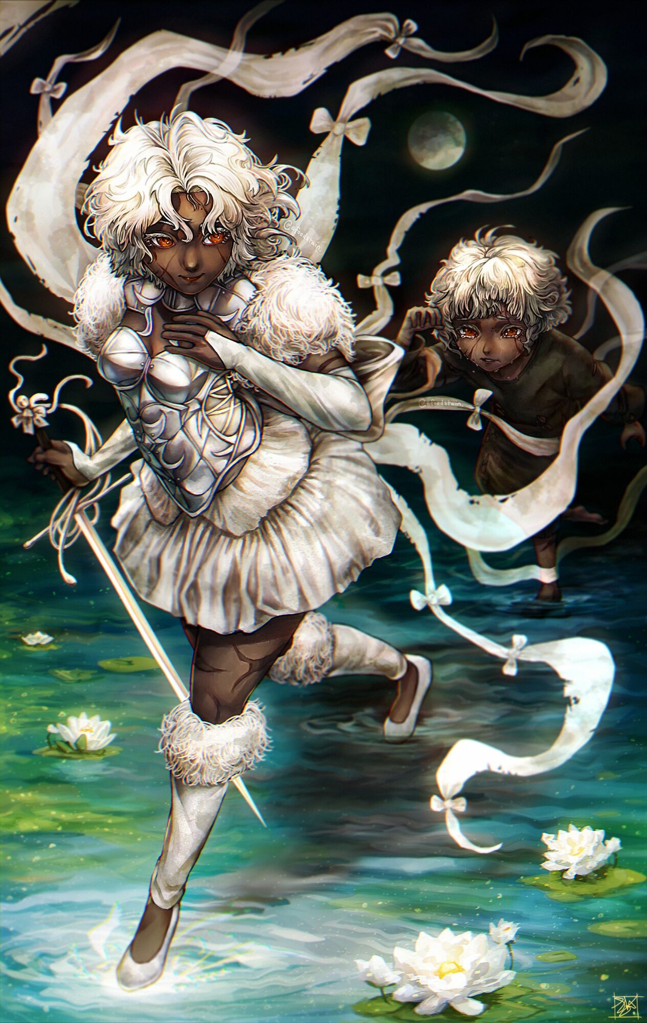 Fantasy scene with a character in white clothing running through water with white flowers, accompanied by a dark-haired figure in the background, moonlit night.