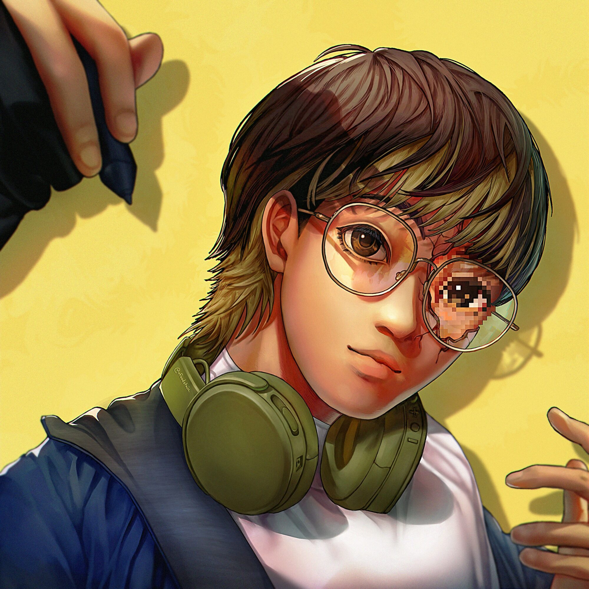 Digital illustration of a young person with glasses, headphones around neck, holding a pen, against a yellow background.