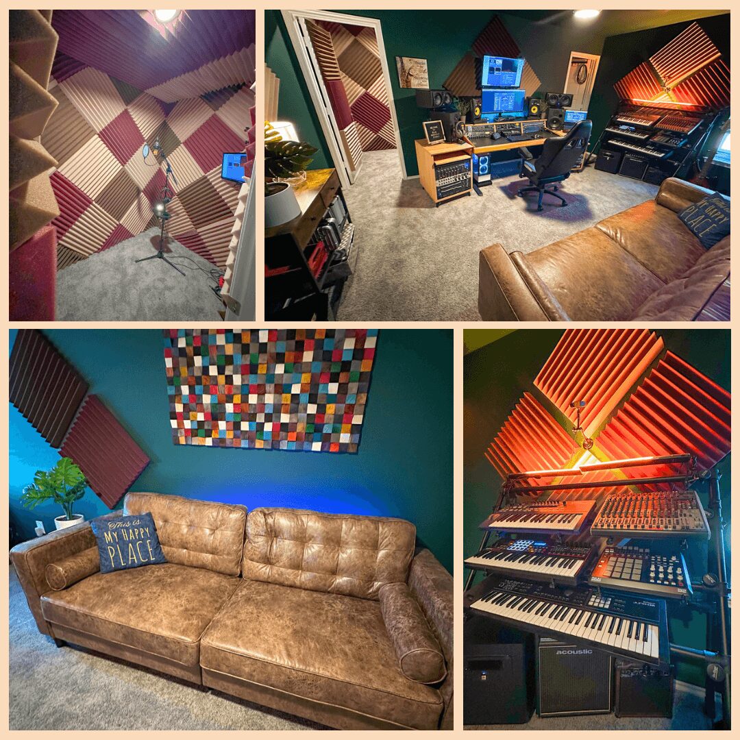 Recording studio with soundproof walls, mixing console, and a brown leather sofa with a pillow. Colorful acoustic panels and musical equipment visible.