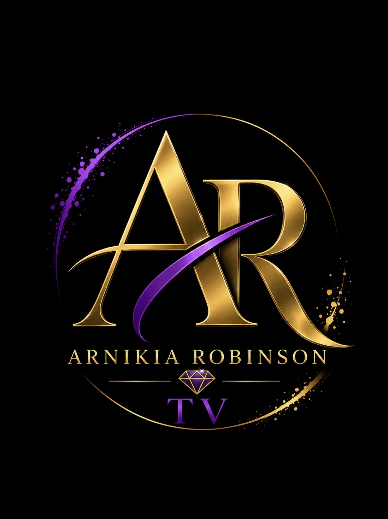 Logo with gold and purple elements, including initials AR, a diamond, and the name Arnikia Robinson TV.