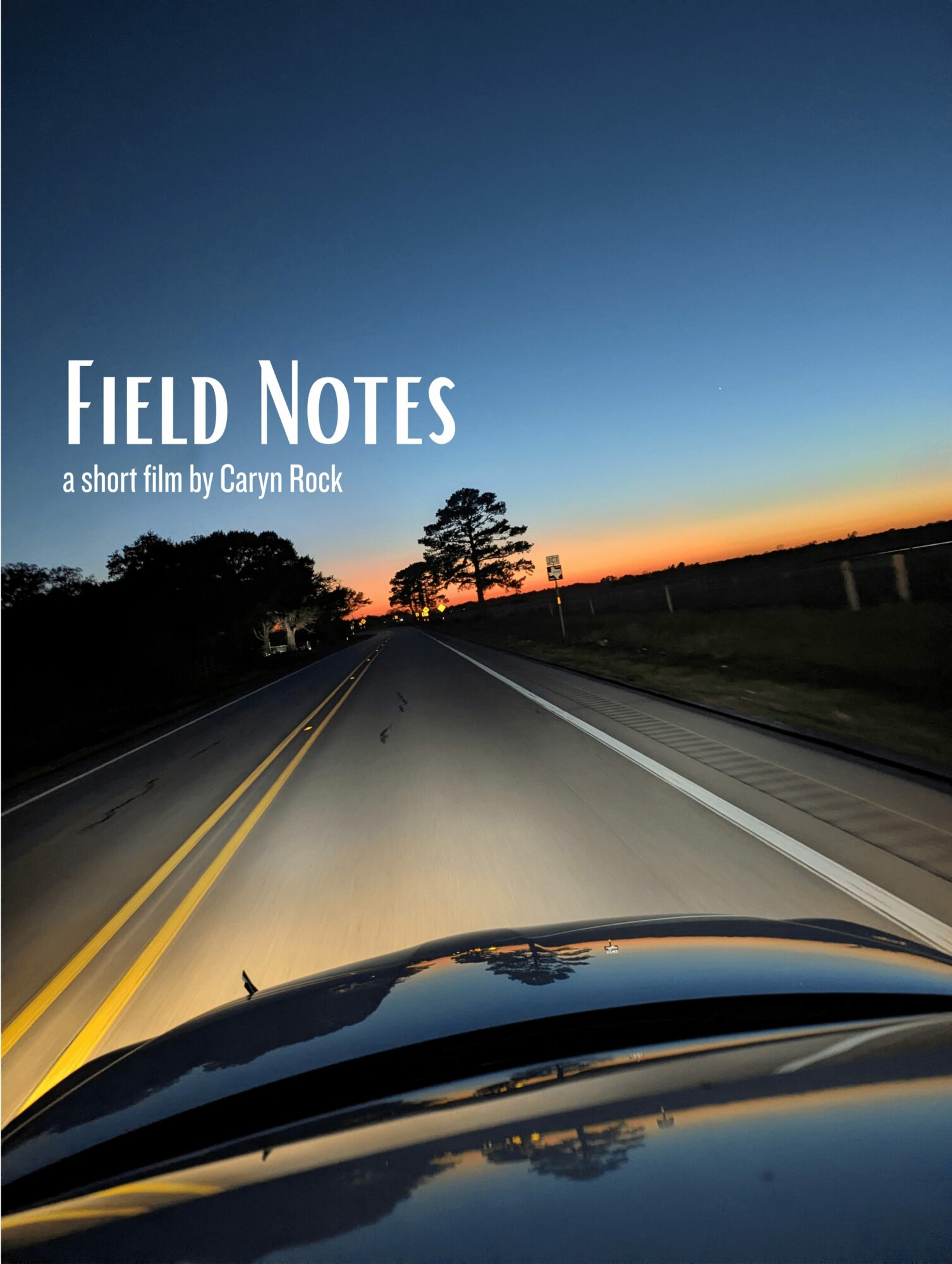 View from a car driving on a road at sunset with trees and a clear sky, text reads 'Field Notes, a short film by Caryn Rock'.