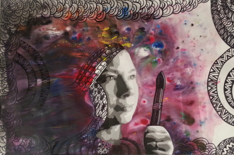 A woman with a contemplative expression holds a pen, surrounded by colorful abstract and geometric patterns.