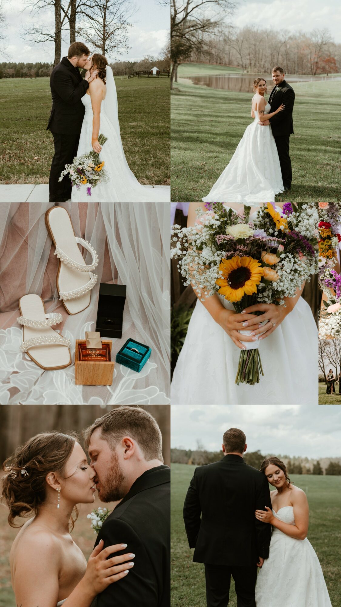 Wedding couple standing outdoors, bride holding a bouquet, groom in suit, with floral arrangements and accessories nearby.