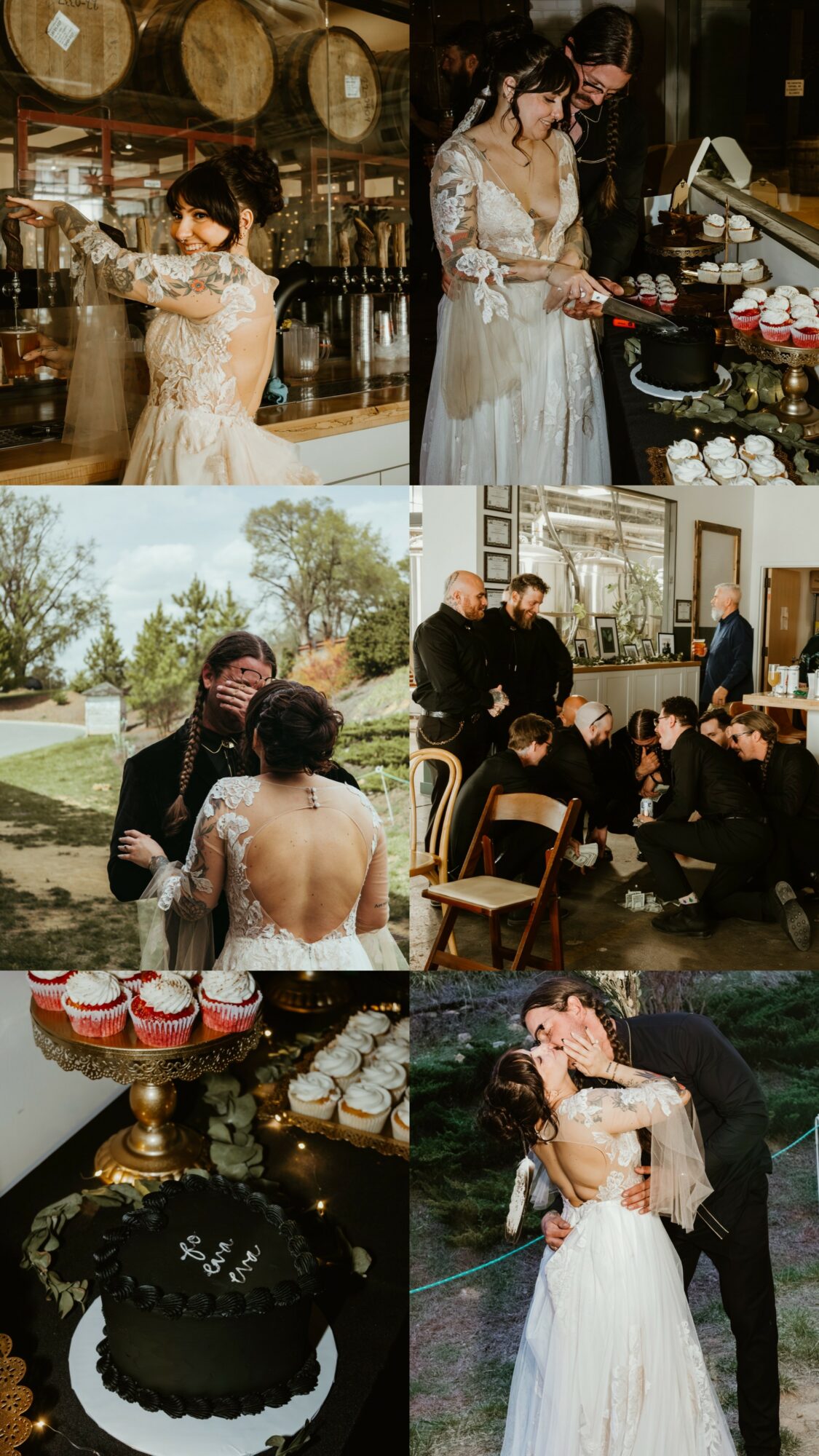 Wedding celebration with bride and groom, cake, and guests outdoors and indoors, in elegant attire, with desserts and decorations.