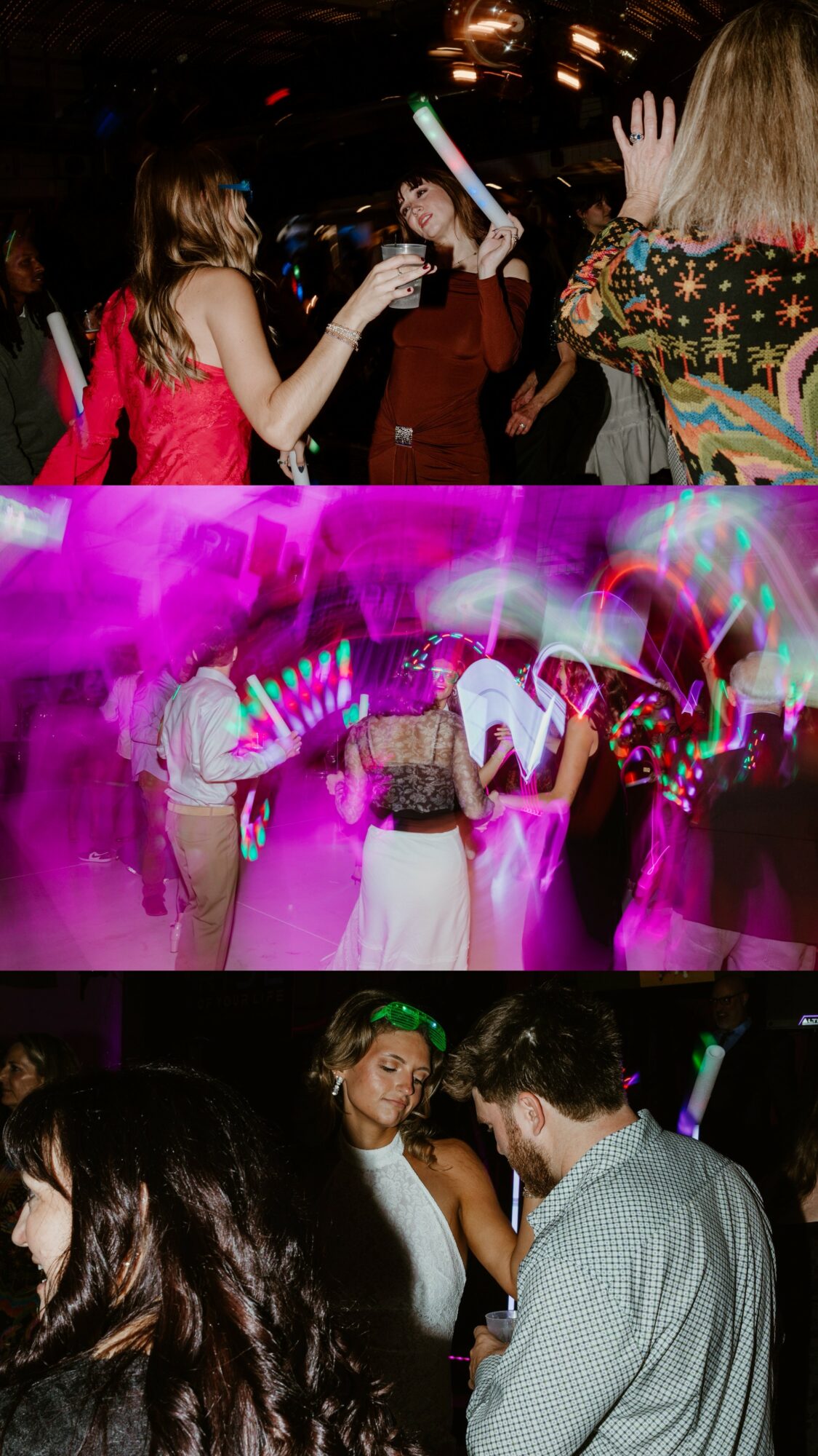 People dancing and socializing at a party with colorful lights and smoke effects.