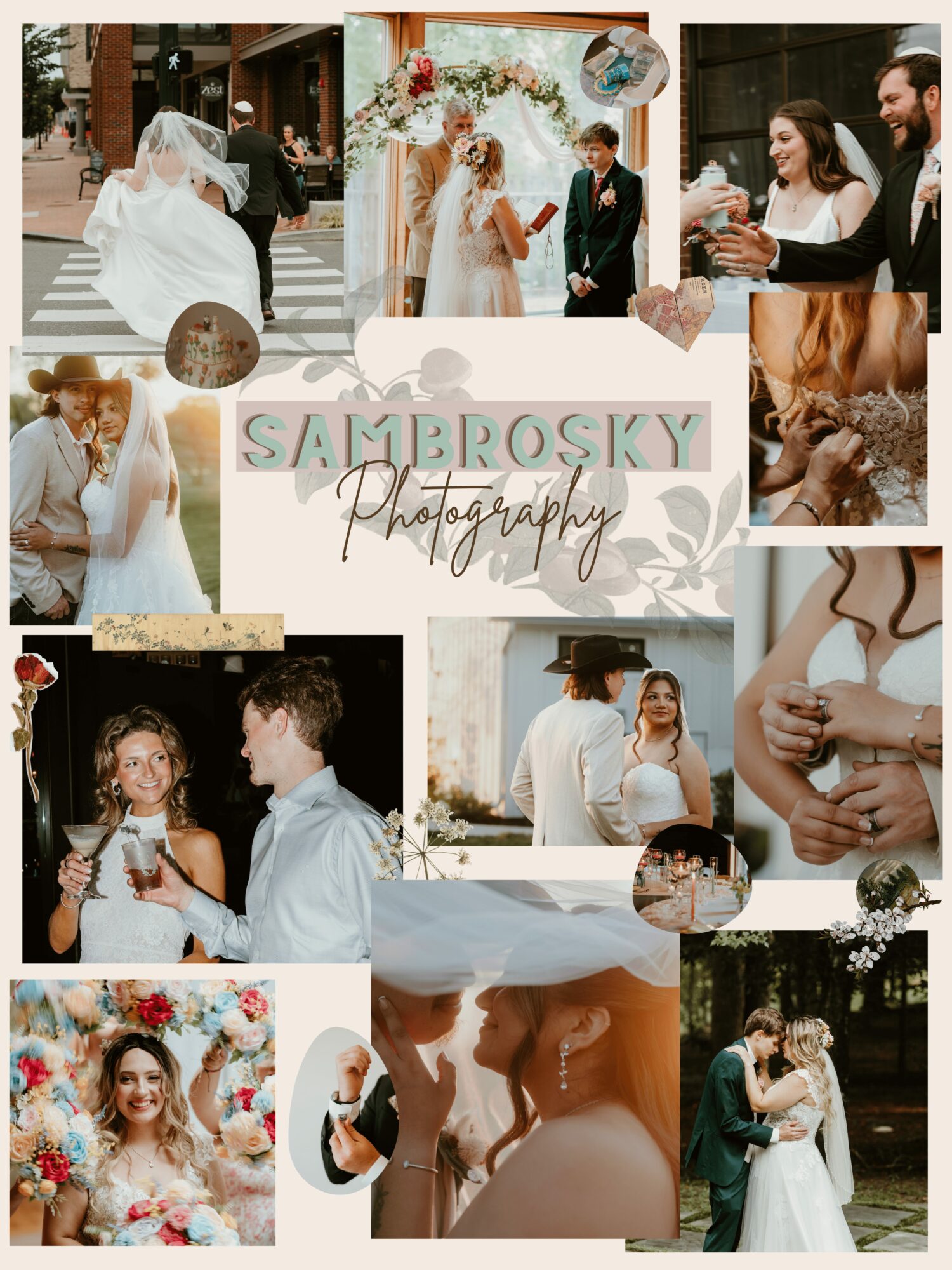 Collage of wedding photos including bride and groom, guests, and ceremony details, with floral decorations and candid moments.