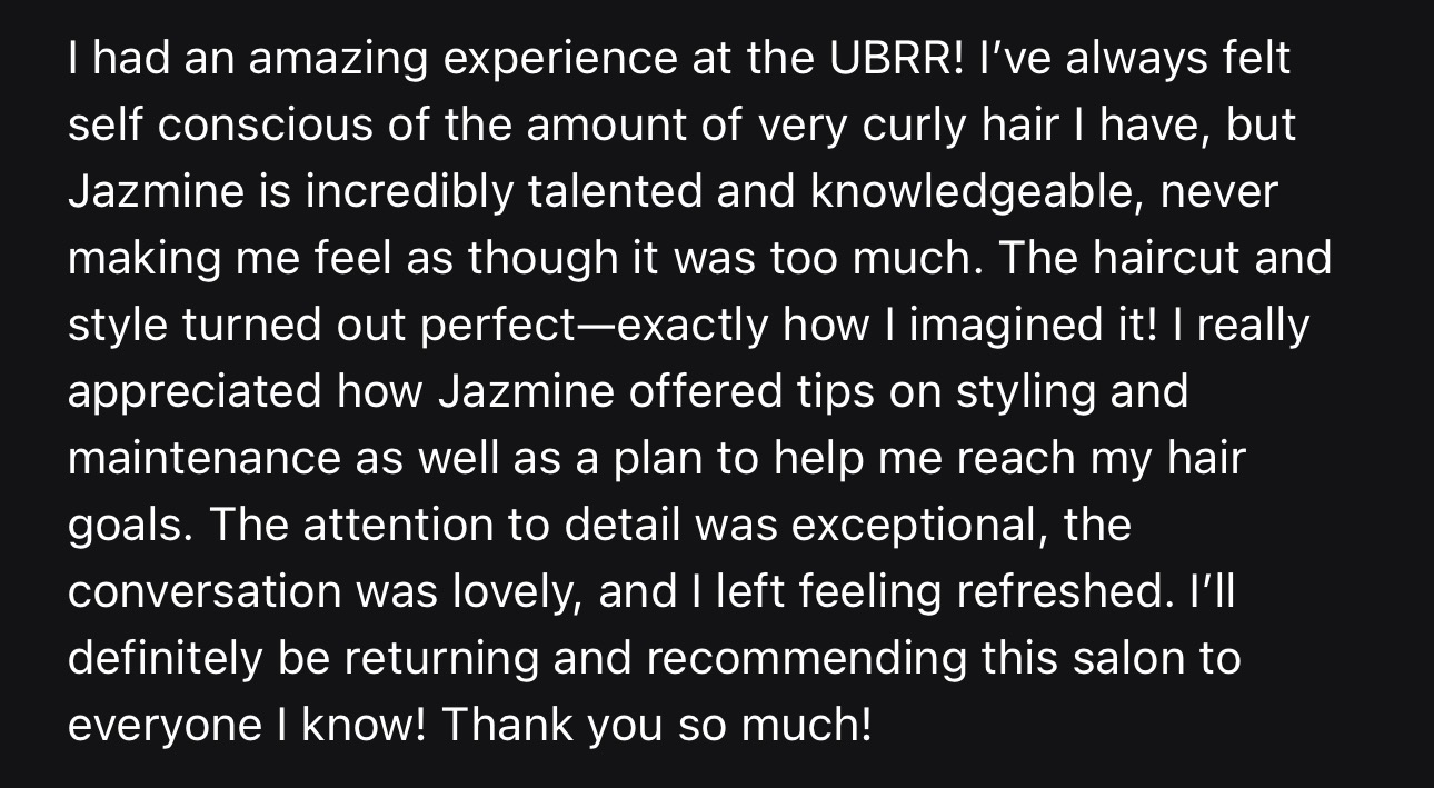 Text about a positive salon experience, praising stylist Jazmine's talent and tips, with a focus on hair and service quality.