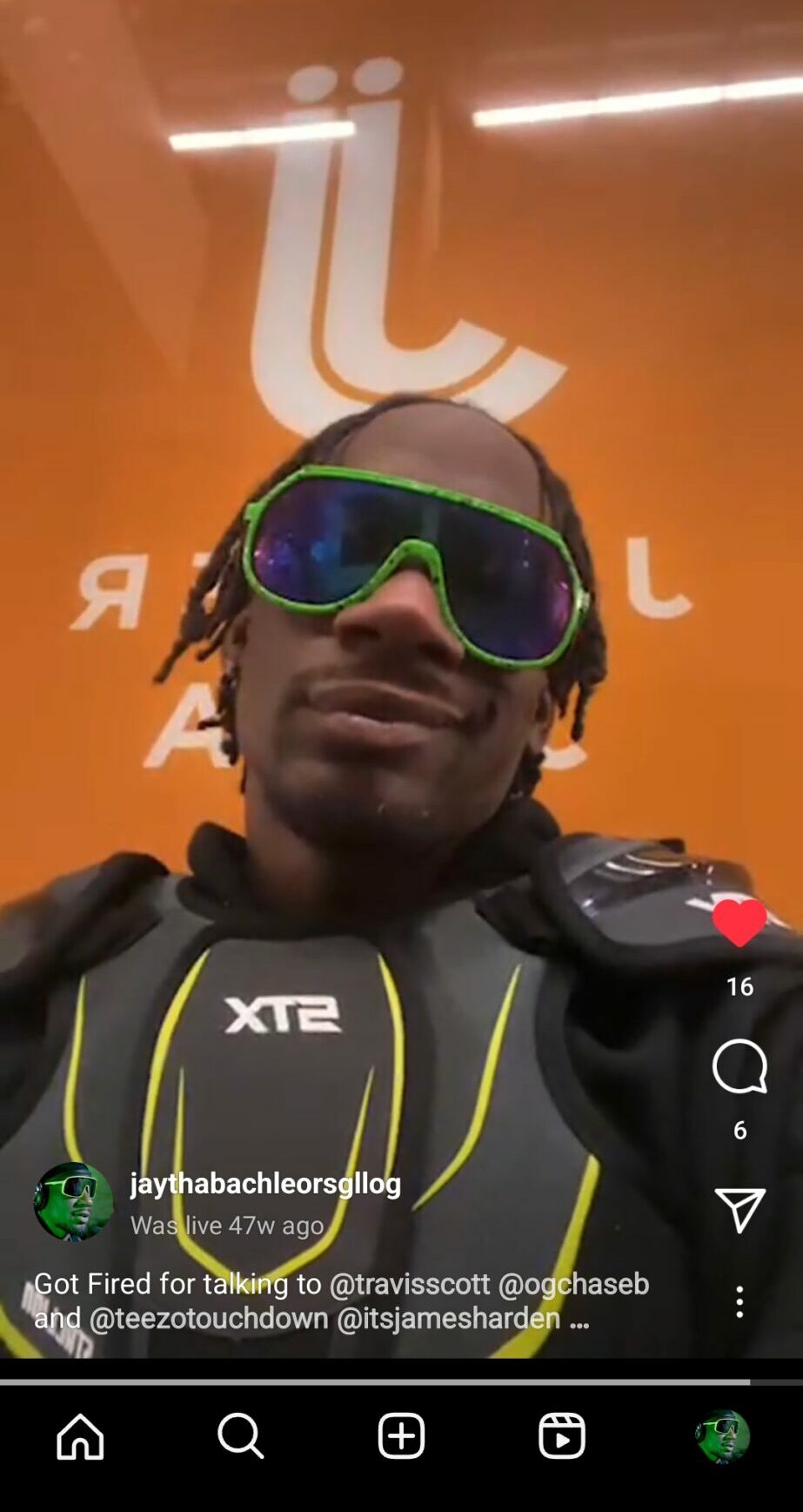 Person wearing sunglasses and a black jacket with a backpack, standing in front of an orange background with white text.