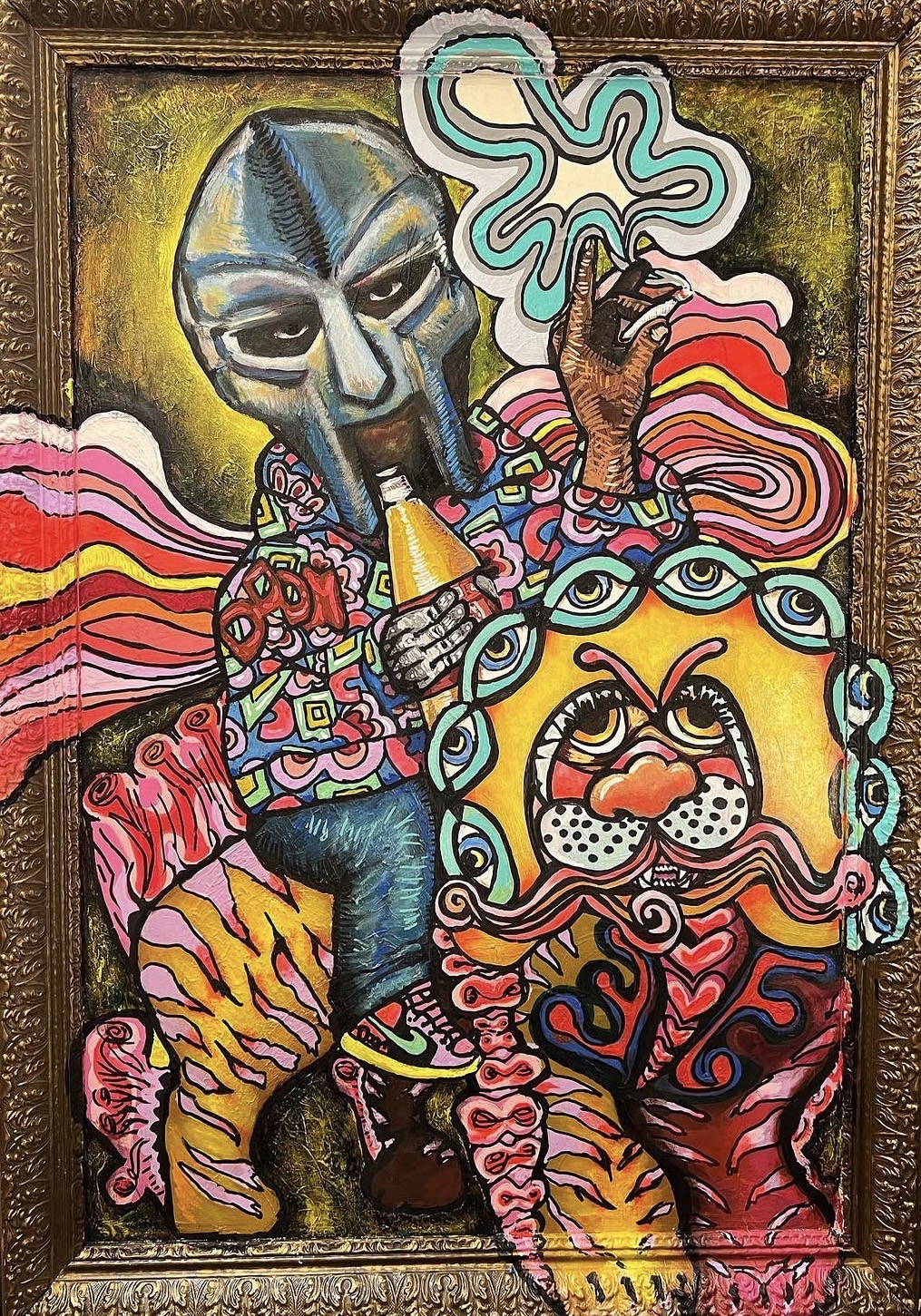 Colorful abstract painting with a person, a lion, and various patterns and shapes.