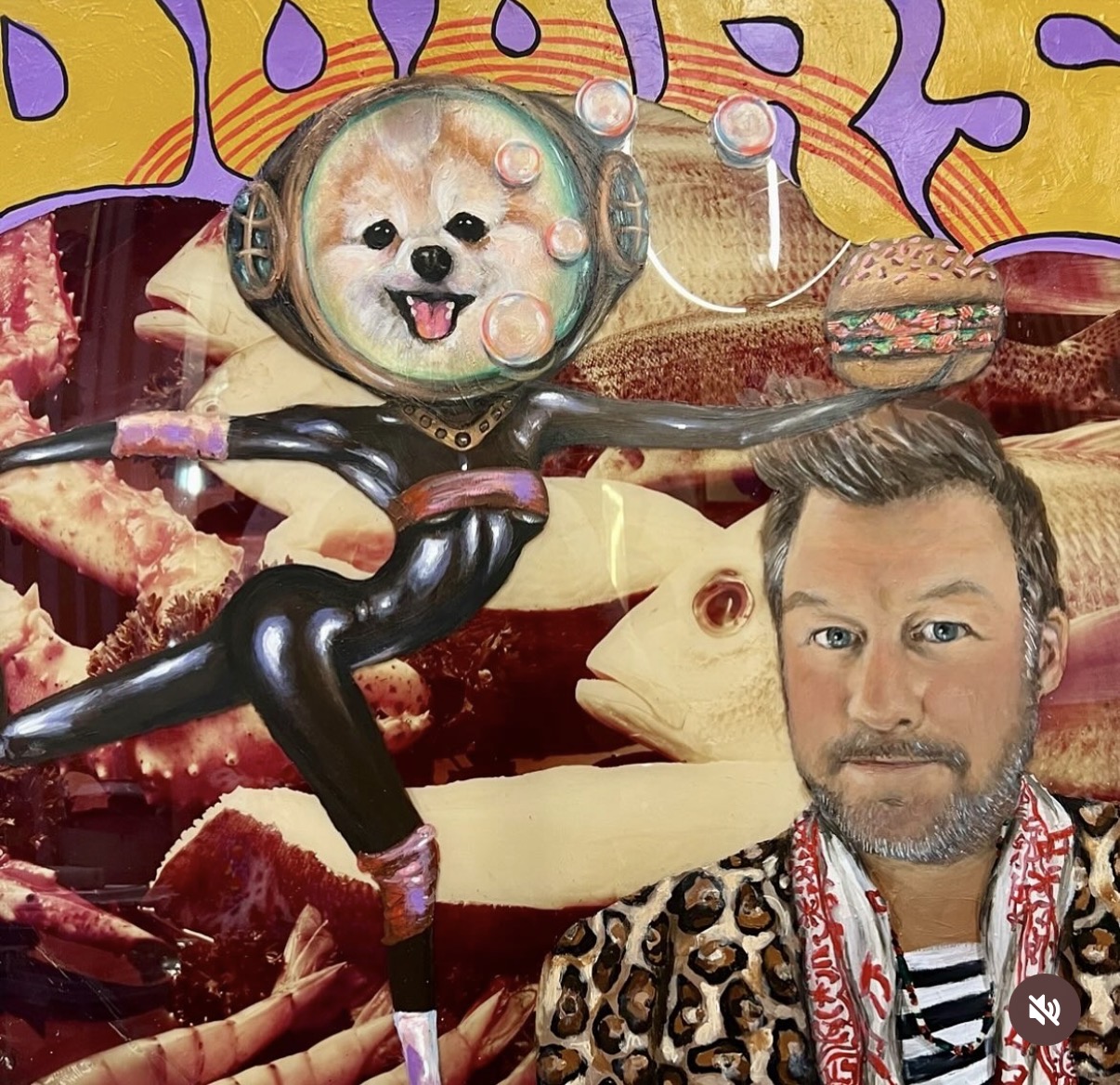 A person with a beard and patterned clothing, a dog with headphones, and a colorful background with abstract shapes.