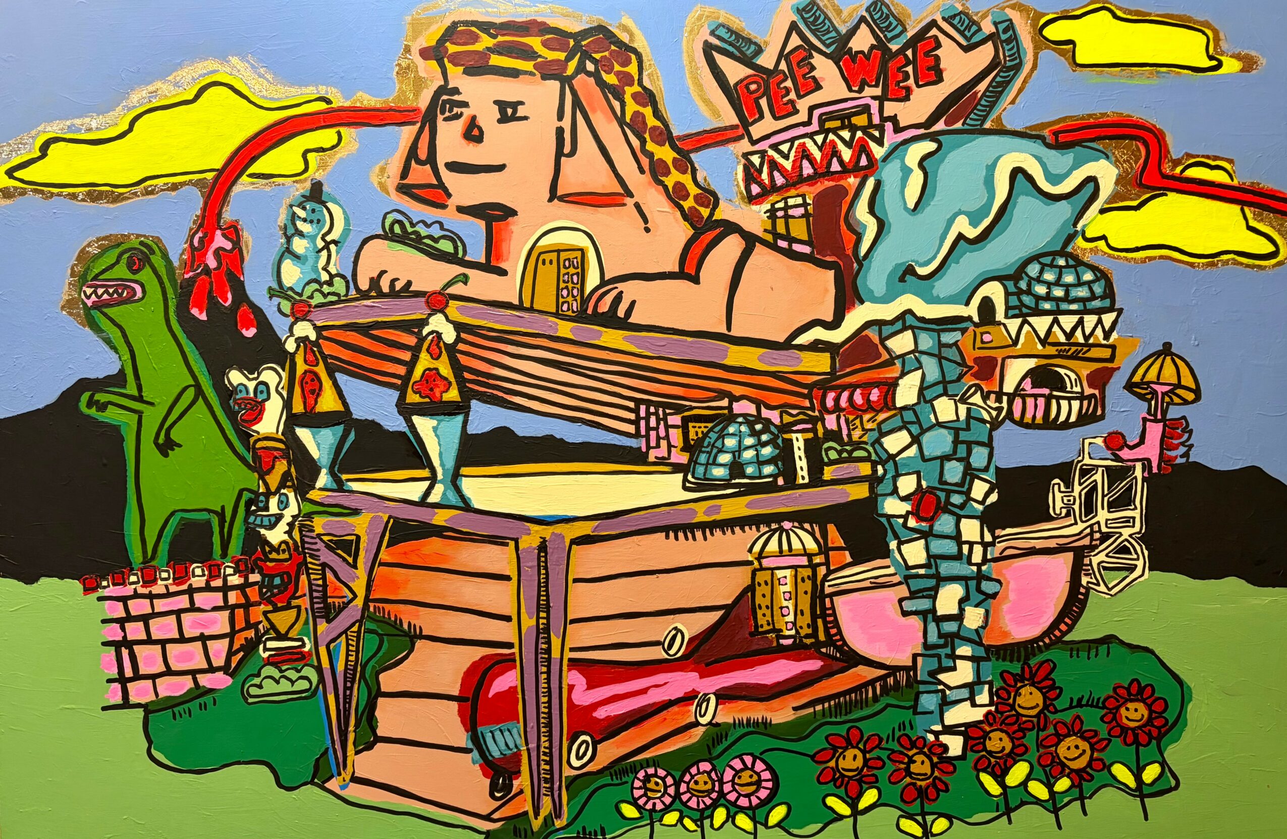 Colorful cartoon scene with a girl, various animals, and structures, including a dinosaur and a bridge, surrounded by flowers.